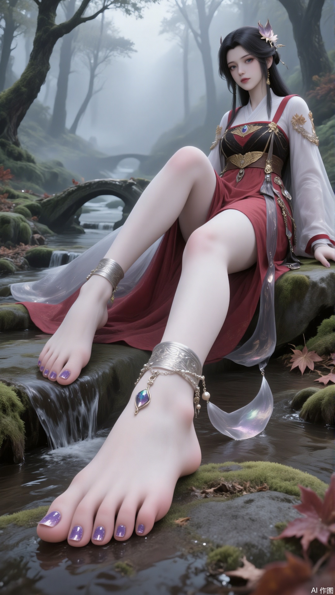 Main Character
 
- Appearance: Long, glossy black hair adorned with delicate hair ornaments. A beautiful face with three - dimensional features, including almond - shaped eyes. Wearing earrings and a necklace. Eyebrows like willow leaves and natural - colored lips.
- Clothing: Dressed in a red - and - white long - skirt with a cross - collar. The skirt is exquisitely decorated, and the sleeves are wide and flowing.
- Accessories: Wearing a silver anklet on the ankle, which has small diamonds and pendants. Toenails painted with purple, transparent, glittery nail polish. Bare - footed.
- Movement: Leaning sideways and sitting on a stone. One leg is stretched out with the toes gently touching the step in the stream below. The other leg is bent and raised. One hand naturally rests on the stone, and the other hand is relaxed by the side of the body.
 
Environmental Atmosphere
 
- Scene: In a mist - shrouded forest, with ancient moss - covered stones. Surrounded by tall trees, maple trees, fallen leaves, and moss.
- Lighting: Soft natural light creating a hazy and serene atmosphere.