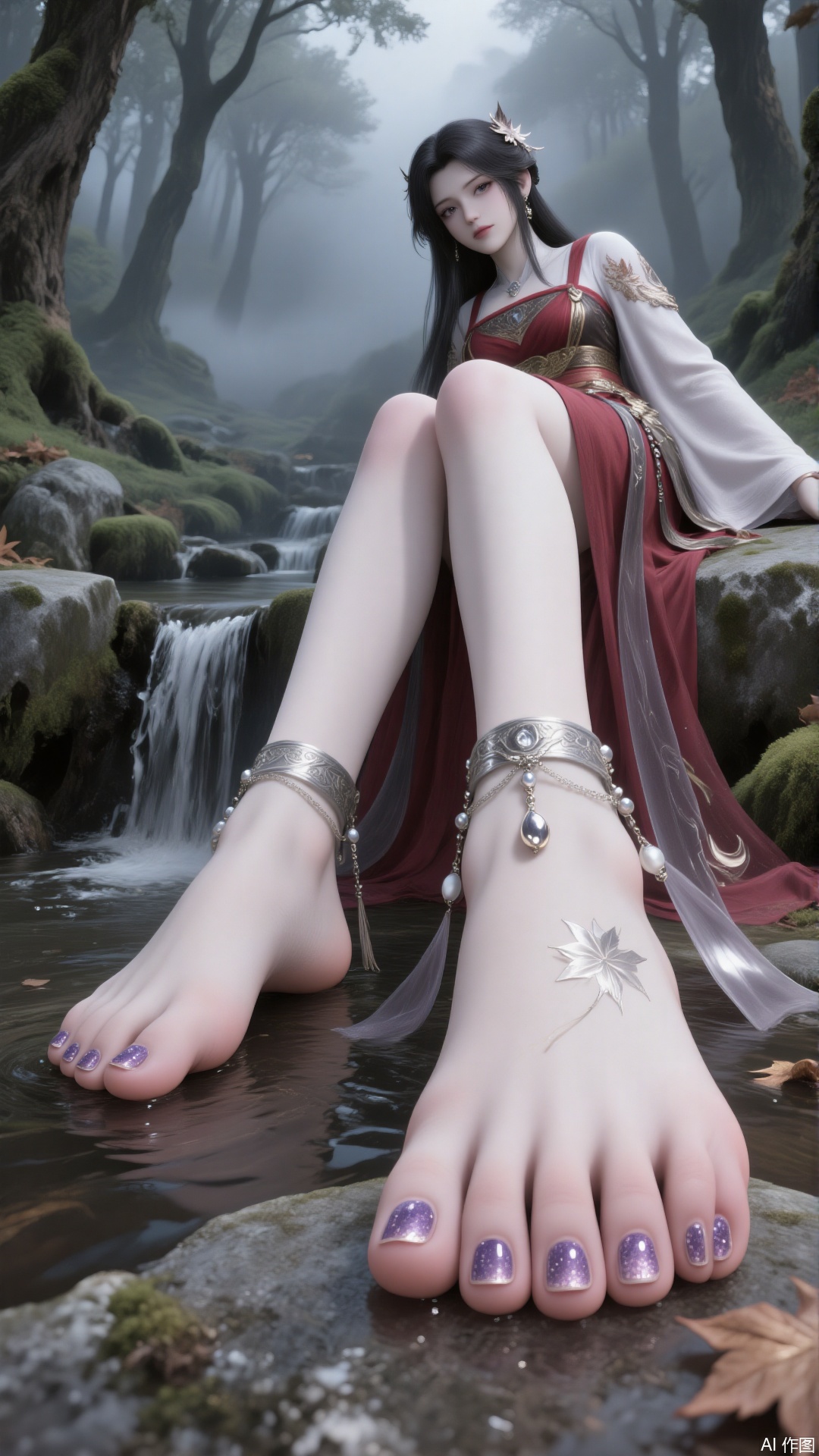 Main Character
 
- Appearance: Long, glossy black hair is adorned with delicate hair ornaments. The face is beautiful, with three - dimensional facial features, including almond - shaped eyes. Wears earrings and a necklace. Eyebrows are like willow leaves, and the lip color is natural.
- Clothing: Dressed in a red - and - white long skirt. The skirt features exquisite decorations, and the sleeves are wide and flowing.
- Accessories: Wears a silver anklet on the ankle. The anklet has small diamonds and pendants. Toenails are painted with purple, transparent, glittery nail polish. Bare - footed.
- Movement: Leans sideways and sits on a stone. One leg is extended with the toes gently touching the step in the stream below. The other leg is bent and raised. One hand naturally rests on the stone, while the other hand is relaxed by the side of the body.
 
Environmental Atmosphere
 
- Scene: In a mist - shrouded forest, there are ancient stones covered with moss. Surrounded by tall trees, maple trees, fallen leaves, and moss.
- Lighting: Soft natural light creates a hazy and serene atmosphere.