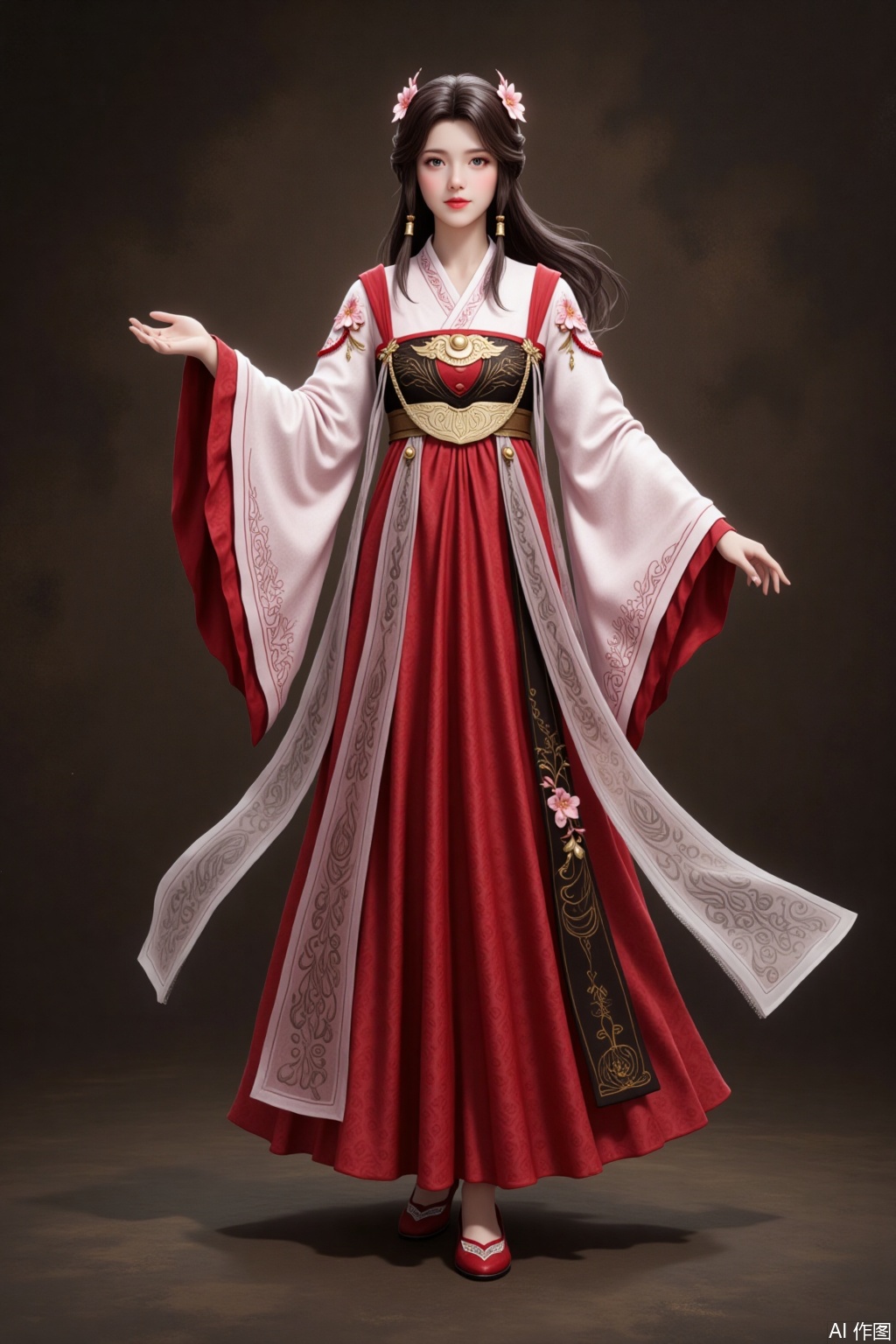 Ancient - style illustration. The overall painting style is delicate and aesthetically pleasing. It adopts a frontal eye - level shooting perspective, with a balanced composition. The woman has an elegant posture, with one hand naturally extended and the other gently raised. Her movements are gentle and lively, and her expression is peaceful and serene, exuding a classical charm.
 
Her hairstyle is half - tied long hair, paired with an exquisite flower hair accessory, showing a soft and beautiful look. She is dressed in traditional Hanfu. The upper garment is mainly white, with red decorations on the shoulders and collar, embellished with exquisite floral embroidery. The waist is adorned with a golden - patterned accessory, highlighting her slender waist. The lower part is a red - and - white long skirt. The sleeves are wide and decorated with elegant patterns, and the hem of the skirt sways gracefully. It is paired with simple and exquisite embroidered shoes of the same color system. The makeup is light, with eyebrows like distant ink - wash paintings and natural - colored lips, conforming to the classical temperament.
 
The background is a solid color of dark tones, with faint textures to render the atmosphere. There are no redundant environmental elements, highlighting the main character. The image quality of the picture is high - definition, with smooth lines and natural color transitions. All parts are rich in details, perfectly presenting the image of a classical beauty.