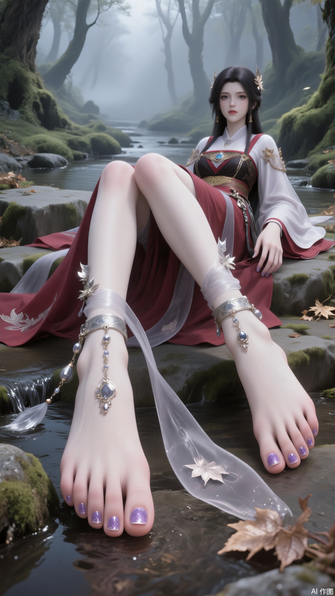 Main Character
 
- Appearance: Long, glossy black hair adorned with delicate hair ornaments. A beautiful face with three - dimensional features, including almond - shaped eyes. Wearing earrings and a necklace. Eyebrows like willow leaves and natural - colored lips.
- Clothing: Dressed in a red - and - white long - skirt with a cross - collar. The skirt is exquisitely decorated, and the sleeves are wide and flowing.
- Accessories: Wearing a silver anklet on the ankle, which has small diamonds and pendants. Toenails painted with purple, transparent, glittery nail polish. Bare - footed.
- Movement: Leaning sideways and sitting on a stone. One leg is stretched out with the toes gently touching the step in the stream below. The other leg is bent and raised. One hand naturally rests on the stone, and the other hand is relaxed by the side of the body.
 
Environmental Atmosphere
 
- Scene: In a mist - shrouded forest, with ancient moss - covered stones. Surrounded by tall trees, maple trees, fallen leaves, and moss.
- Lighting: Soft natural light creating a hazy and serene atmosphere.