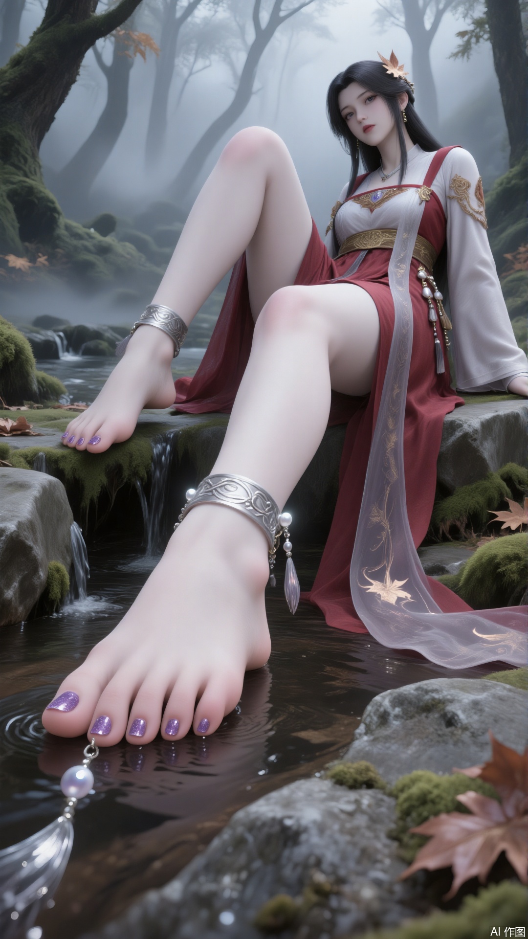 Main Character
 
- Appearance: Long, glossy black hair adorned with delicate hair ornaments. A beautiful face with three - dimensional features, including almond - shaped eyes. Wearing earrings and a necklace. Eyebrows like willow leaves and natural - colored lips.
- Clothing: Dressed in a red - and - white long - skirt with a cross - collar. The skirt is exquisitely decorated, and the sleeves are wide and flowing.
- Accessories: Wearing a silver anklet on the ankle, which has small diamonds and pendants. Toenails painted with purple, transparent, glittery nail polish. Bare - footed.
- Movement: Leaning sideways and sitting on a stone. One leg is stretched out with the toes gently touching the step in the stream below. The other leg is bent and raised. One hand naturally rests on the stone, and the other hand is relaxed by the side of the body.
 
Environmental Atmosphere
 
- Scene: In a mist - shrouded forest, with ancient moss - covered stones. Surrounded by tall trees, maple trees, fallen leaves, and moss.
- Lighting: Soft natural light creating a hazy and serene atmosphere.