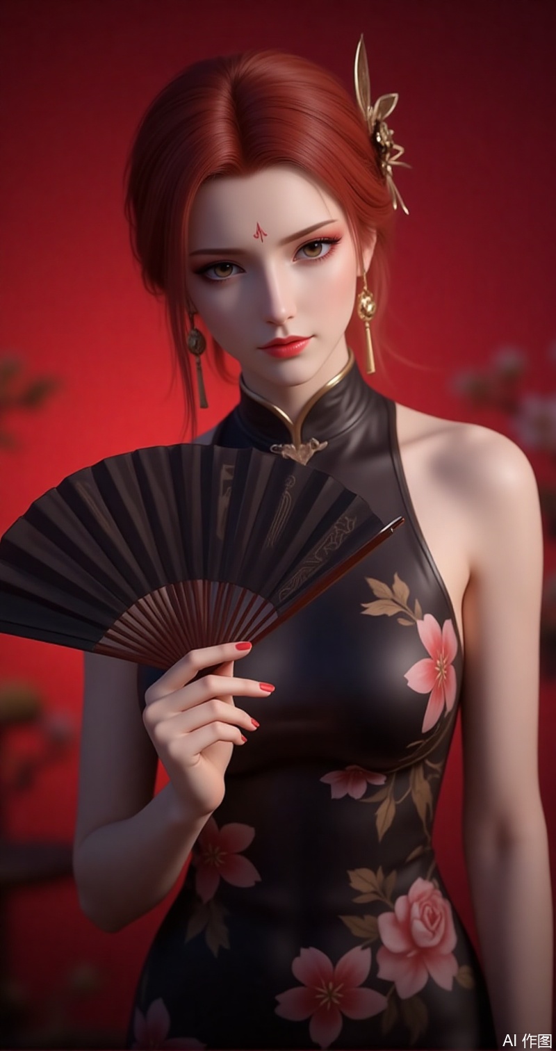 lvjing,baoshi,yafei,earrings,jewelry,red hair,makeup,brown eyes,red lips,facial mark,hair ornament,
1girl,dress,hand fan,holding,solo,earrings,jewelry,chinese clothes,china dress,black dress,holding fan,floral print,blurry,sleeveless,looking at viewer,sleeveless dress,red background,folding fan,standing,head tilt,2,cover,simple background,gradient background,close-up details,outstanding style,adding a touch of dimension to your images without compromising details,close_up