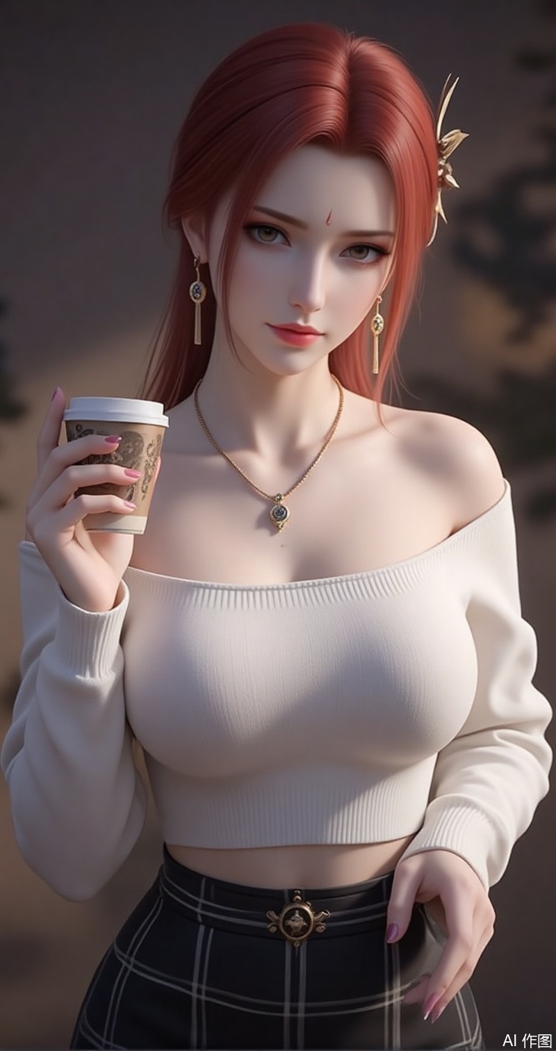 lvjing,baoshi,yafei,earrings,jewelry,red hair,makeup,brown eyes,red lips,facial mark,hair ornament,
1girl,solo,skirt,off shoulder,off-shoulder sweater,jewelry,white sweater,necklace,cup,bare shoulders,holding,sweater,disposable cup,breasts,black skirt,plaid skirt,collarbone,plaid,blurry background,crop top,holding cup,blurry,midriff,long sleeves,large breasts,63, cover,simple background,gradient background,close-up details,outstanding style,adding a touch of dimension to your images without compromising details,close-up