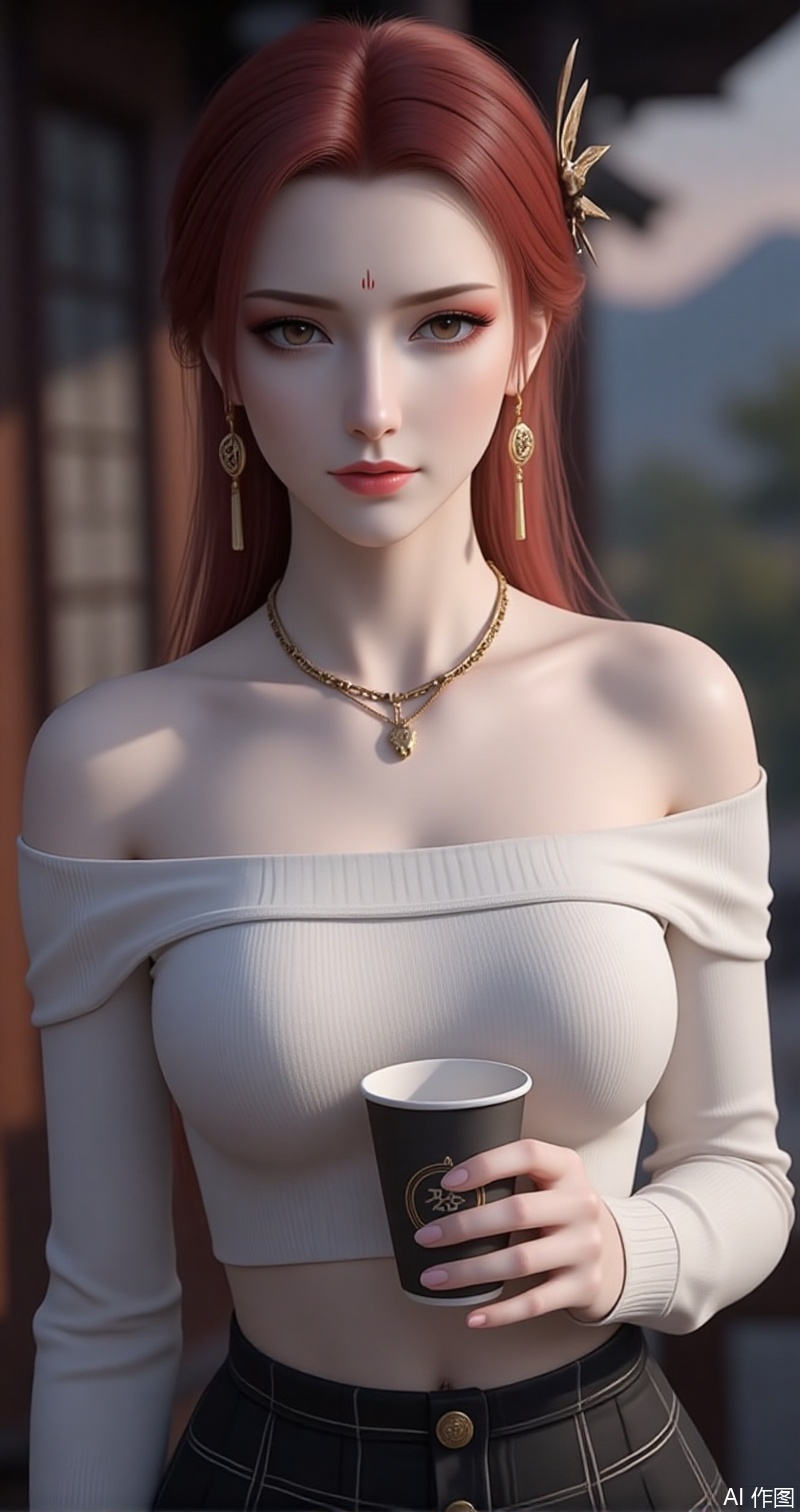lvjing,baoshi,yafei,earrings,jewelry,red hair,makeup,brown eyes,red lips,facial mark,hair ornament,
1girl,solo,skirt,off shoulder,off-shoulder sweater,jewelry,white sweater,necklace,cup,bare shoulders,holding,sweater,disposable cup,breasts,black skirt,plaid skirt,collarbone,plaid,blurry background,crop top,holding cup,blurry,midriff,long sleeves,large breasts,63, cover,simple background,gradient background,close-up details,outstanding style,adding a touch of dimension to your images without compromising details,close-up