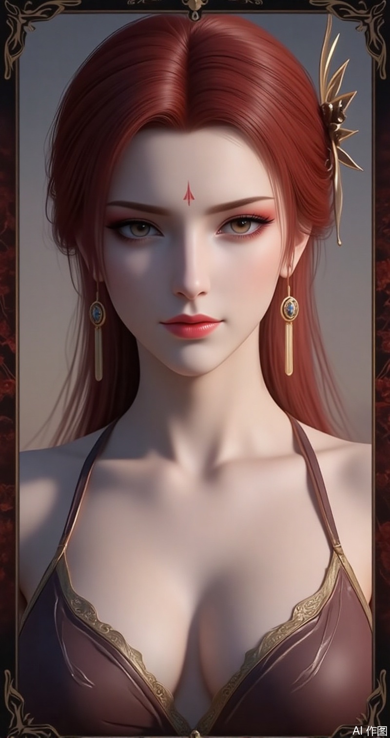 lvjing,baoshi,yafei,earrings,jewelry,red hair,makeup,brown eyes,red lips,facial mark,hair ornament,
1girl,solo,earrings,jewelry,looking at viewer,breasts,tarot,collarbone,upper body,dress,closed mouth,card \(medium\),tarot \(medium\),frills,border,cover,gradient background,close-up details,outstanding style,adding a touch of dimension to your images without compromising details,close-up