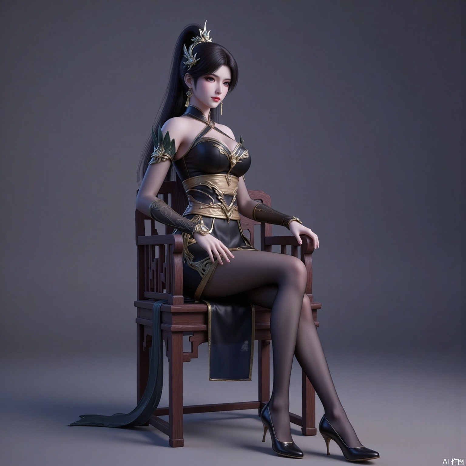 xiaoxuner,earrings,hair ornament,ponytail,long hair,black hair,looking_at_viewer,jewelry,
yafei,1girl,dress,high heels,sitting,solo,chinese clothes,breasts,bare shoulders,black footwear,china dress,black dress,bridal gauntlets,full body,pantyhose,jewelry,halter dress,chair,2,cover,gradient background,close-up details,outstanding style,adding a touch of dimension to your images without compromising details,close-up,
lvjing,long legs,