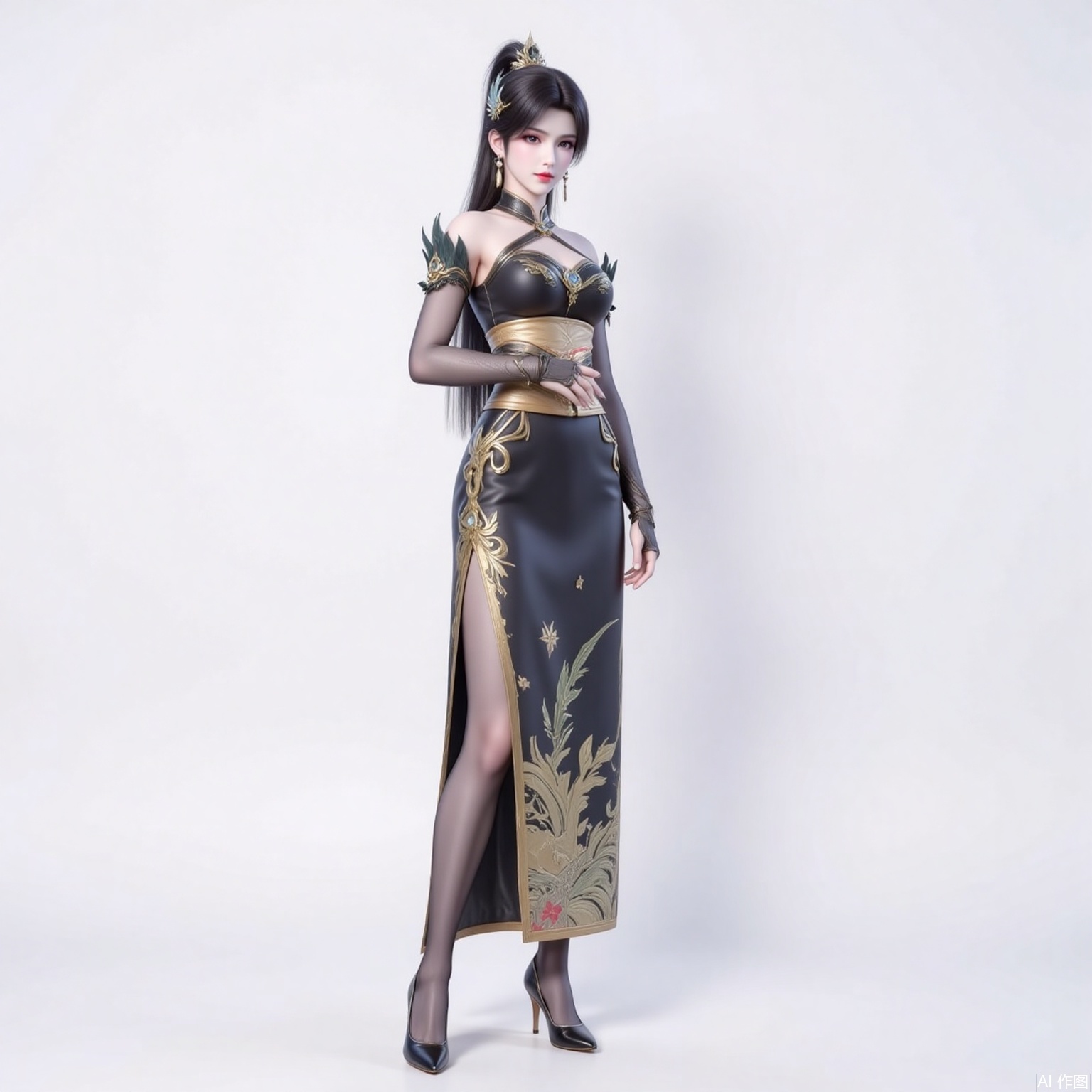 xiaoxuner,earrings,hair ornament,ponytail,long hair,black hair,looking_at_viewer,jewelry,
yafei,1girl,dress,high heels,solo,chinese clothes,breasts,bare shoulders,black footwear,white_background,standing,china dress,black dress,bridal gauntlets,full body,pantyhose,jewelry,halter dress,2,cover,gradient background,close-up details,outstanding style,adding a touch of dimension to your images without compromising details,close-up,
lvjing,long legs,