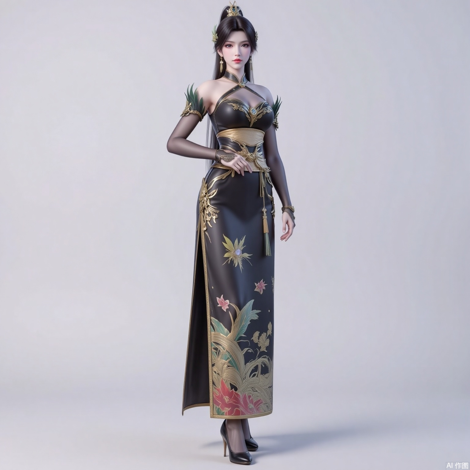 xiaoxuner,earrings,hair ornament,ponytail,long hair,black hair,looking_at_viewer,jewelry,
yafei,1girl,dress,high heels,solo,chinese clothes,breasts,bare shoulders,black footwear,white_background,standing,china dress,black dress,bridal gauntlets,full body,pantyhose,jewelry,halter dress,2,cover,gradient background,close-up details,outstanding style,adding a touch of dimension to your images without compromising details,close-up,
lvjing,long legs,