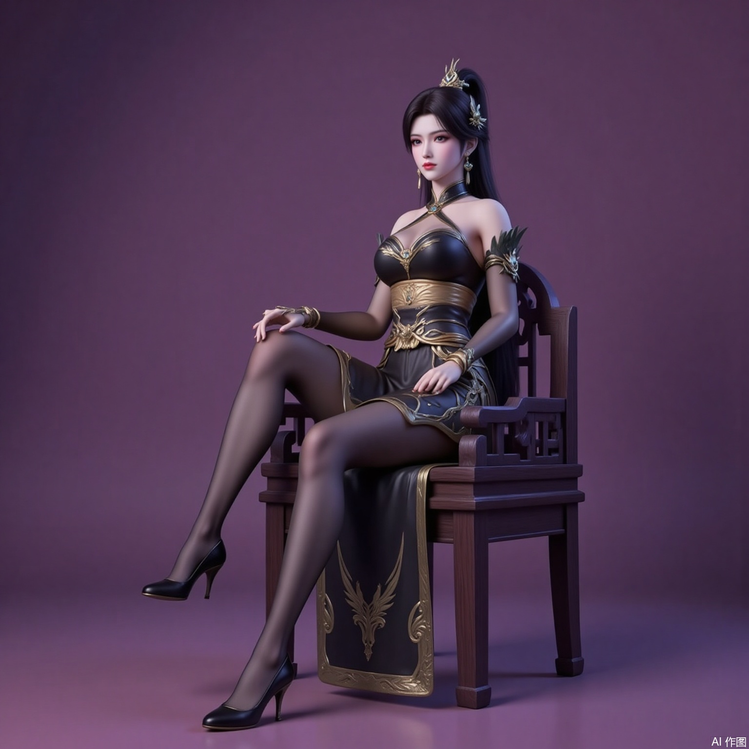 xiaoxuner,earrings,hair ornament,ponytail,long hair,black hair,looking_at_viewer,jewelry,
yafei,1girl,dress,high heels,sitting,solo,chinese clothes,breasts,bare shoulders,black footwear,china dress,black dress,bridal gauntlets,full body,pantyhose,jewelry,halter dress,chair,2,cover,gradient background,close-up details,outstanding style,adding a touch of dimension to your images without compromising details,close-up,
lvjing,long legs,