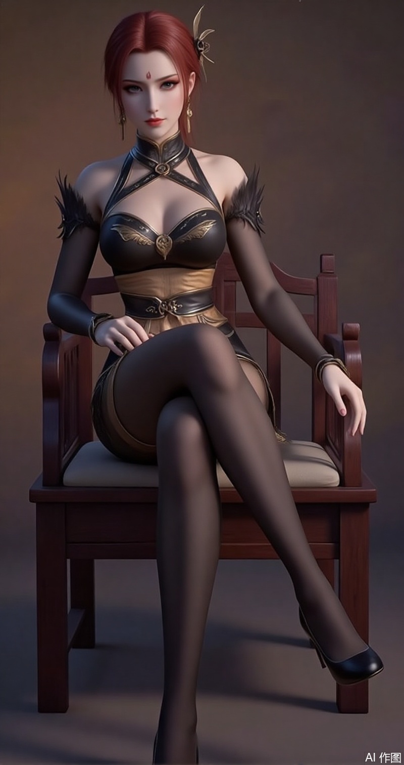 lvjing,baoshi,yafei,earrings,jewelry,red hair,makeup,brown eyes,red lips,facial mark,hair ornament,
yafei,1girl,dress,high heels,sitting,solo,chinese clothes,breasts,bare shoulders,black footwear,china dress,black dress,bridal gauntlets,full body,pantyhose,jewelry,halter dress,chair,2,cover,gradient background,close-up details,outstanding style,adding a touch of dimension to your images without compromising details,close-up,