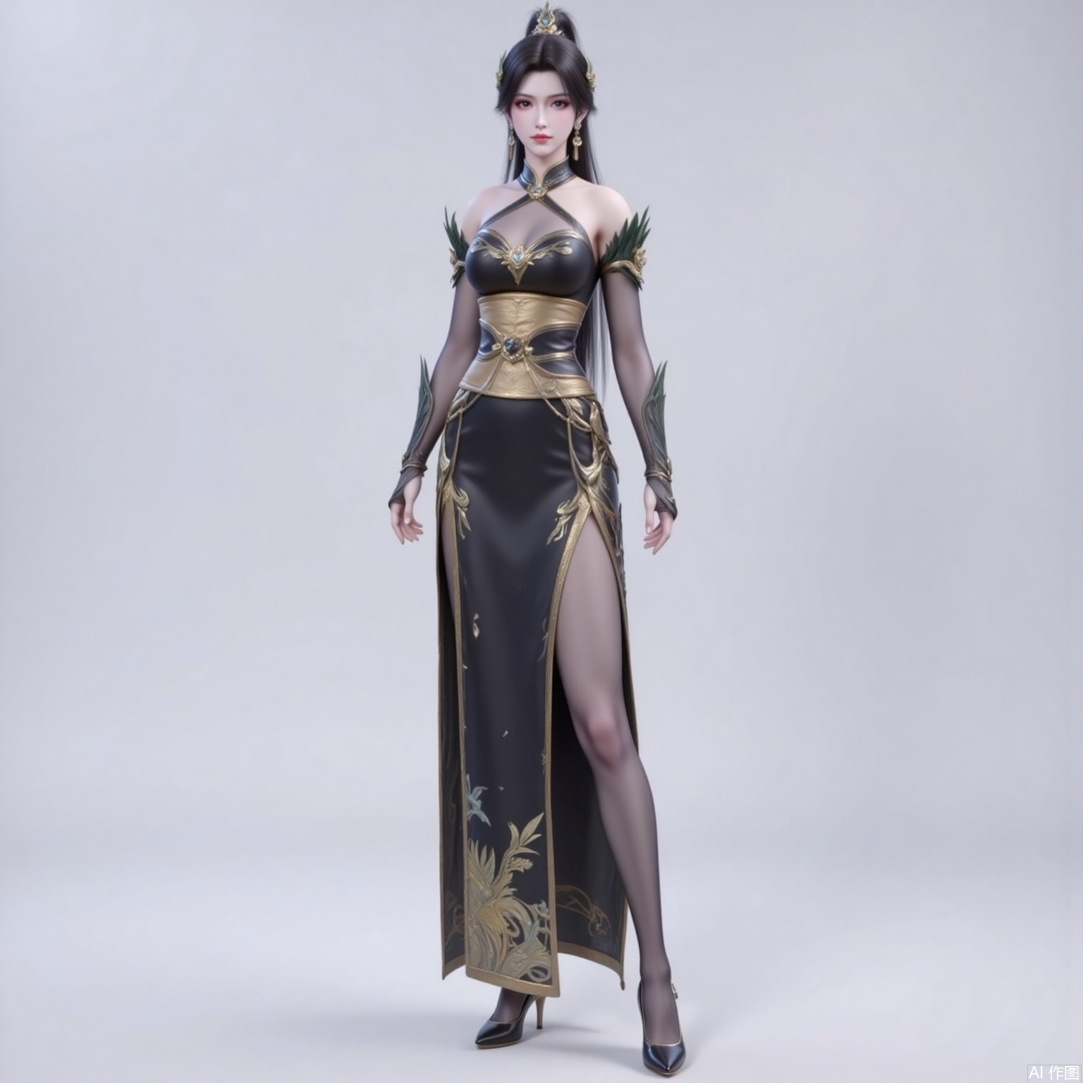 xiaoxuner,earrings,hair ornament,ponytail,long hair,black hair,looking_at_viewer,jewelry,
yafei,1girl,dress,high heels,solo,chinese clothes,breasts,bare shoulders,black footwear,white_background,standing,china dress,black dress,bridal gauntlets,full body,pantyhose,jewelry,halter dress,2,cover,gradient background,close-up details,outstanding style,adding a touch of dimension to your images without compromising details,close-up,
lvjing,long legs,
