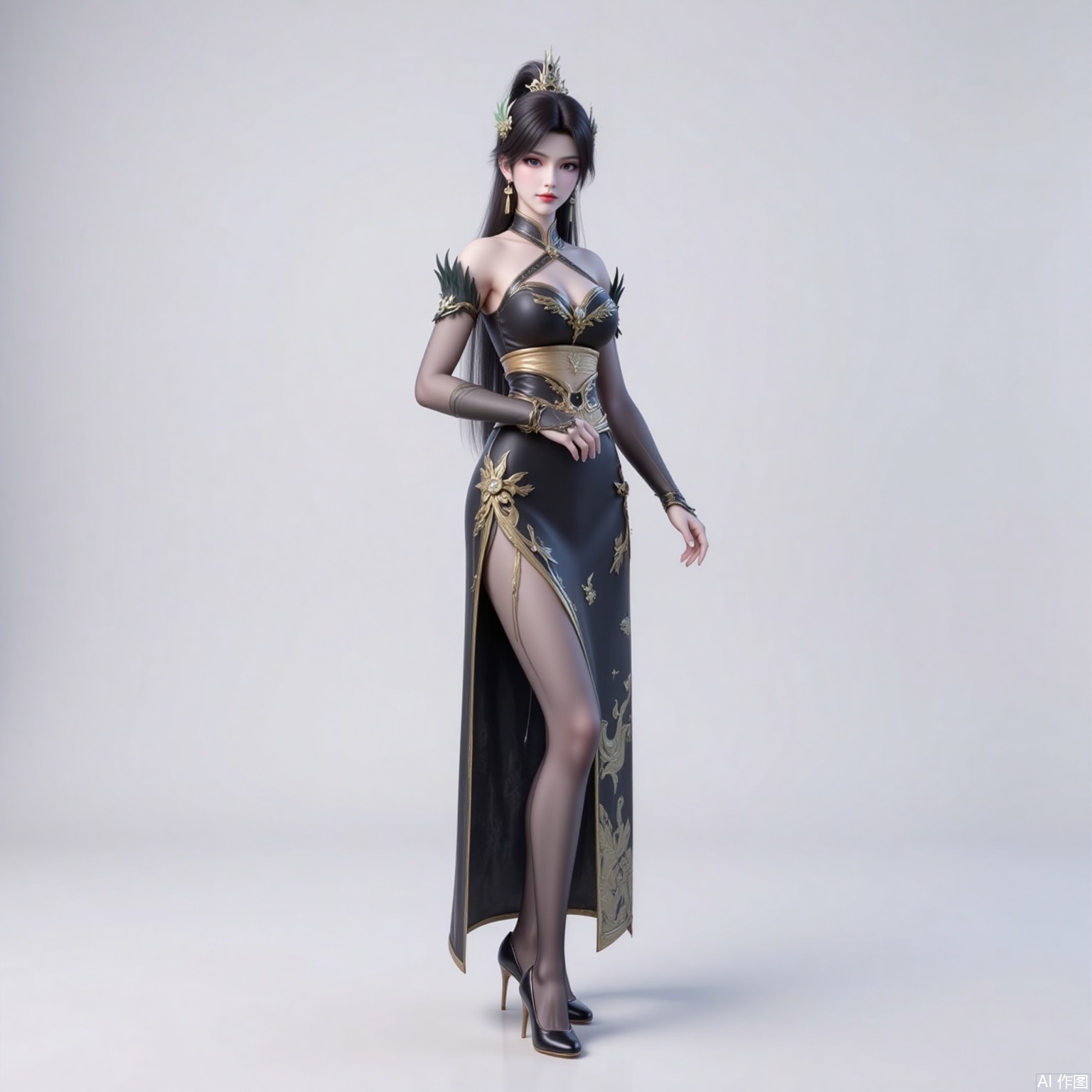 xiaoxuner,earrings,hair ornament,ponytail,long hair,black hair,looking_at_viewer,jewelry,
yafei,1girl,dress,high heels,solo,chinese clothes,breasts,bare shoulders,black footwear,white_background,standing,china dress,black dress,bridal gauntlets,full body,pantyhose,jewelry,halter dress,2,cover,gradient background,close-up details,outstanding style,adding a touch of dimension to your images without compromising details,close-up,
lvjing,long legs,