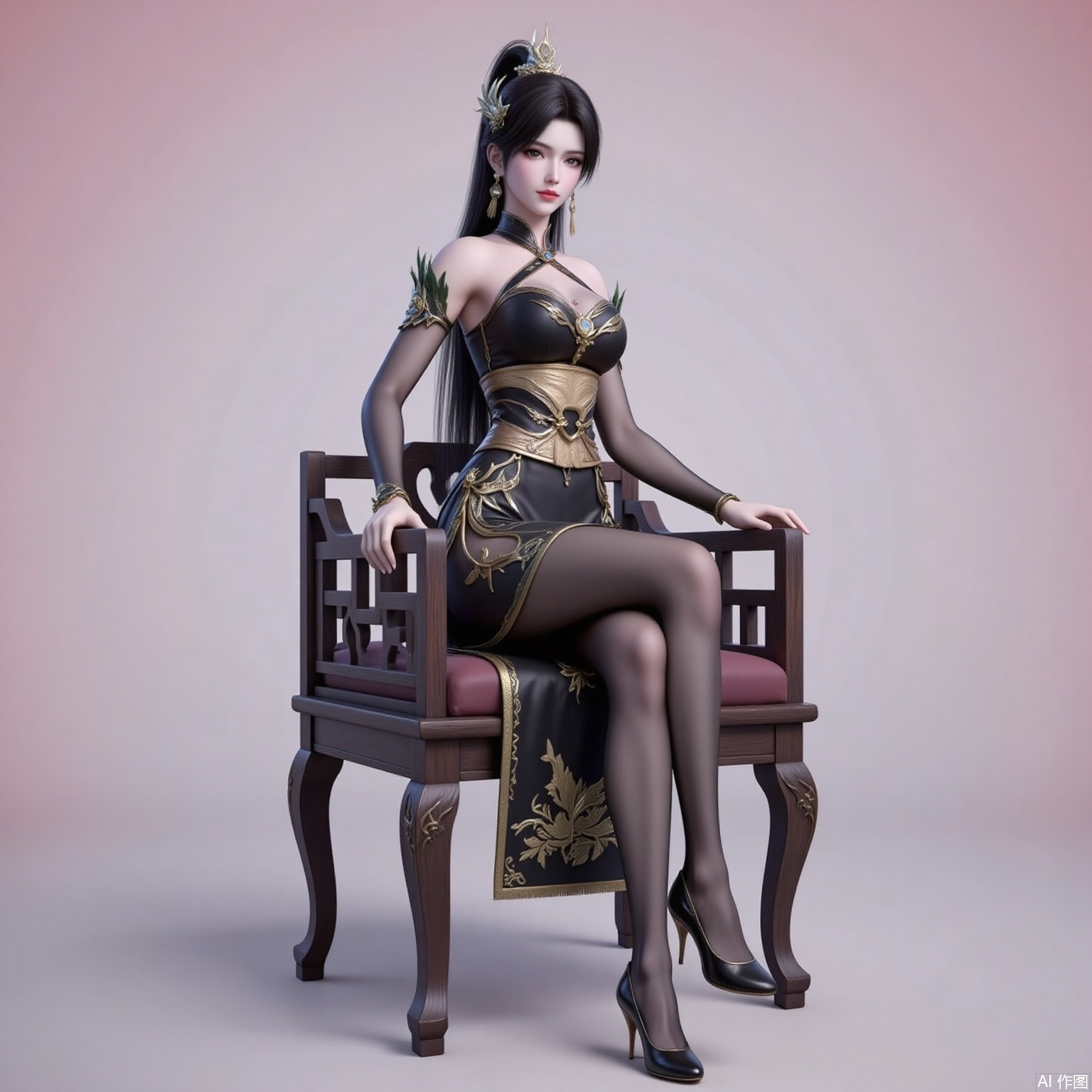 xiaoxuner,earrings,hair ornament,ponytail,long hair,black hair,looking_at_viewer,jewelry,
yafei,1girl,dress,high heels,sitting,solo,chinese clothes,breasts,bare shoulders,black footwear,china dress,black dress,bridal gauntlets,full body,pantyhose,jewelry,halter dress,chair,2,cover,gradient background,close-up details,outstanding style,adding a touch of dimension to your images without compromising details,close-up,
lvjing,long legs,