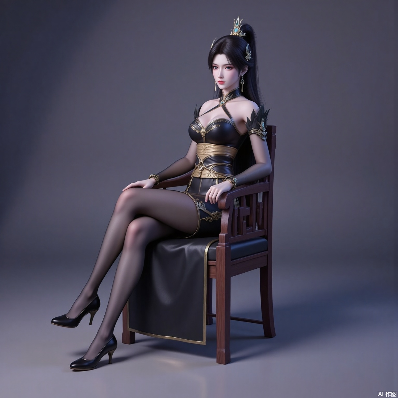 xiaoxuner,earrings,hair ornament,ponytail,long hair,black hair,looking_at_viewer,jewelry,
yafei,1girl,dress,high heels,sitting,solo,chinese clothes,breasts,bare shoulders,black footwear,china dress,black dress,bridal gauntlets,full body,pantyhose,jewelry,halter dress,chair,2,cover,gradient background,close-up details,outstanding style,adding a touch of dimension to your images without compromising details,close-up,
lvjing,long legs,