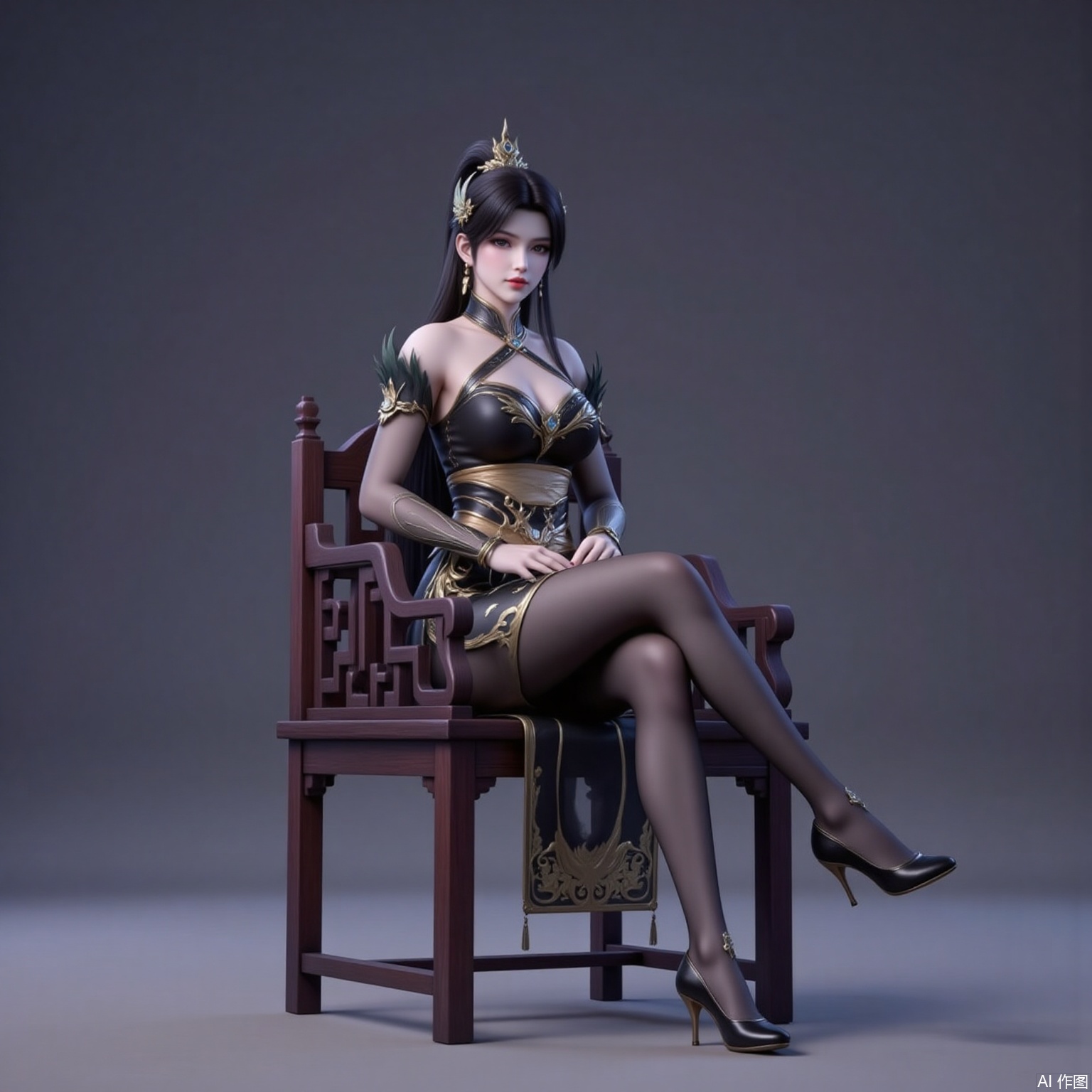 xiaoxuner,earrings,hair ornament,ponytail,long hair,black hair,looking_at_viewer,jewelry,
yafei,1girl,dress,high heels,sitting,solo,chinese clothes,breasts,bare shoulders,black footwear,china dress,black dress,bridal gauntlets,full body,pantyhose,jewelry,halter dress,chair,2,cover,gradient background,close-up details,outstanding style,adding a touch of dimension to your images without compromising details,close-up,
lvjing,long legs,