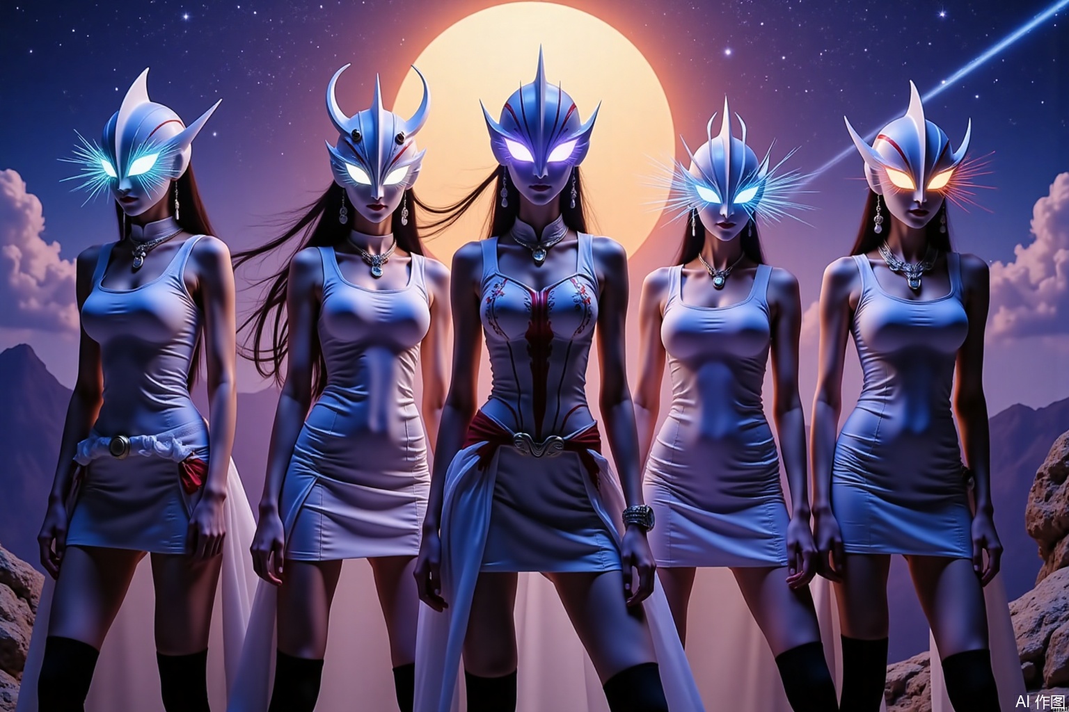  Five girls stood in a row, all wearing Ultraman helmets, with long black hair, swaying earrings, necklaces, full chests, sl waists and long legs, they were wearing Chinese cheongsam, black stockings, the eyes of the helmet had long glowing eyelashes, the eyelashes of the helmet were long, the eyes of the helmet emitted various colors of light. Standing on the top of Mount Tai, there is a scorching sun and a beautiful galaxy in the rolling clouds.,atm,sw,