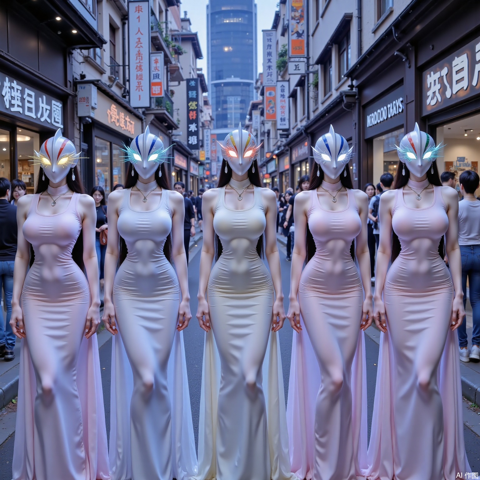 The five girls stood apart, all wearing Ultraman helmets, with long fluttering hair, hanging earrings, necklaces, plump breasts, slender waists, and slender legs. They wore solid color short-sleeved tops of different colors, paired with solid color trousers. The eyes of the helmet have long glowing eyelashes, long corners of the eyes, and the eyes of the helmet emit light of various colors. They are on the pedestrian street of Nanjing West Road, Shanghai. .,atm,sw,,cy,YLN