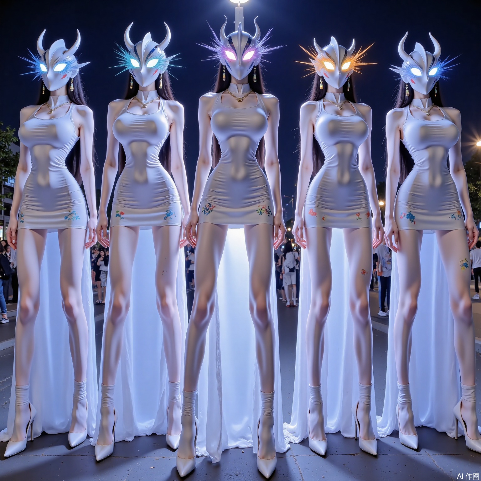 Multiple girls stand apart, with long black hair, dangling earrings, necklaces, large breasts, slim waists, and long legs, They are wearing white dresses , with glowing runes on the skirts, paired with white long socks and Ultraman helmets, the eyes of the helmets have long glowing eyelashes, the corners of the eyes on the helmets are long, horns grow on the helmets, and the eyes of the helmets emit rays of various colors.atm,They are on the Nanjing West Road Pedestrian Street in Shanghai.,atm,sw,,cy,YLN