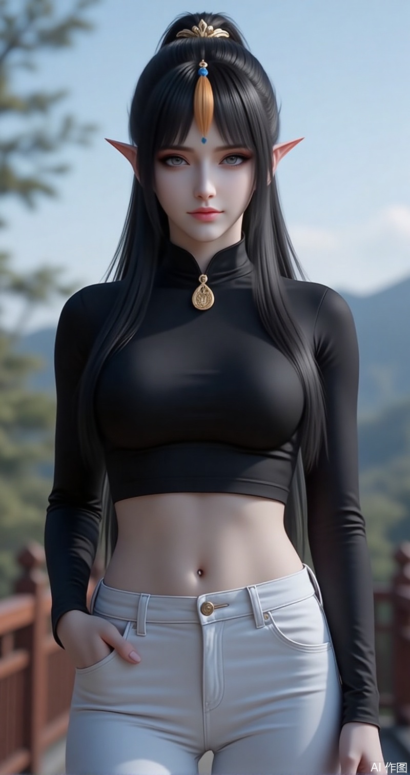 lvjing,baoshi,fengqinger,1girl,solo,pointy ears,black hair,looking at viewer,long hair,grey eyes,closed mouth,blurry,hair ornament,facial mark,forehead mark,makeup,1girl,breasts,navel,solo,pants,midriff,crop top,jewelry,necklace,large breasts,long sleeves,black shirt,white pants,shirt,hand in pocket,taut clothes,taut shirt,turtleneck,blurry background,blurry,outdoors,railing,cowboy shot,standing,stomach,tight clothes,pendant,33, cover,simple background,gradient background,close-up details,outstanding style,adding a touch of dimension to your images without compromising details,close-up,