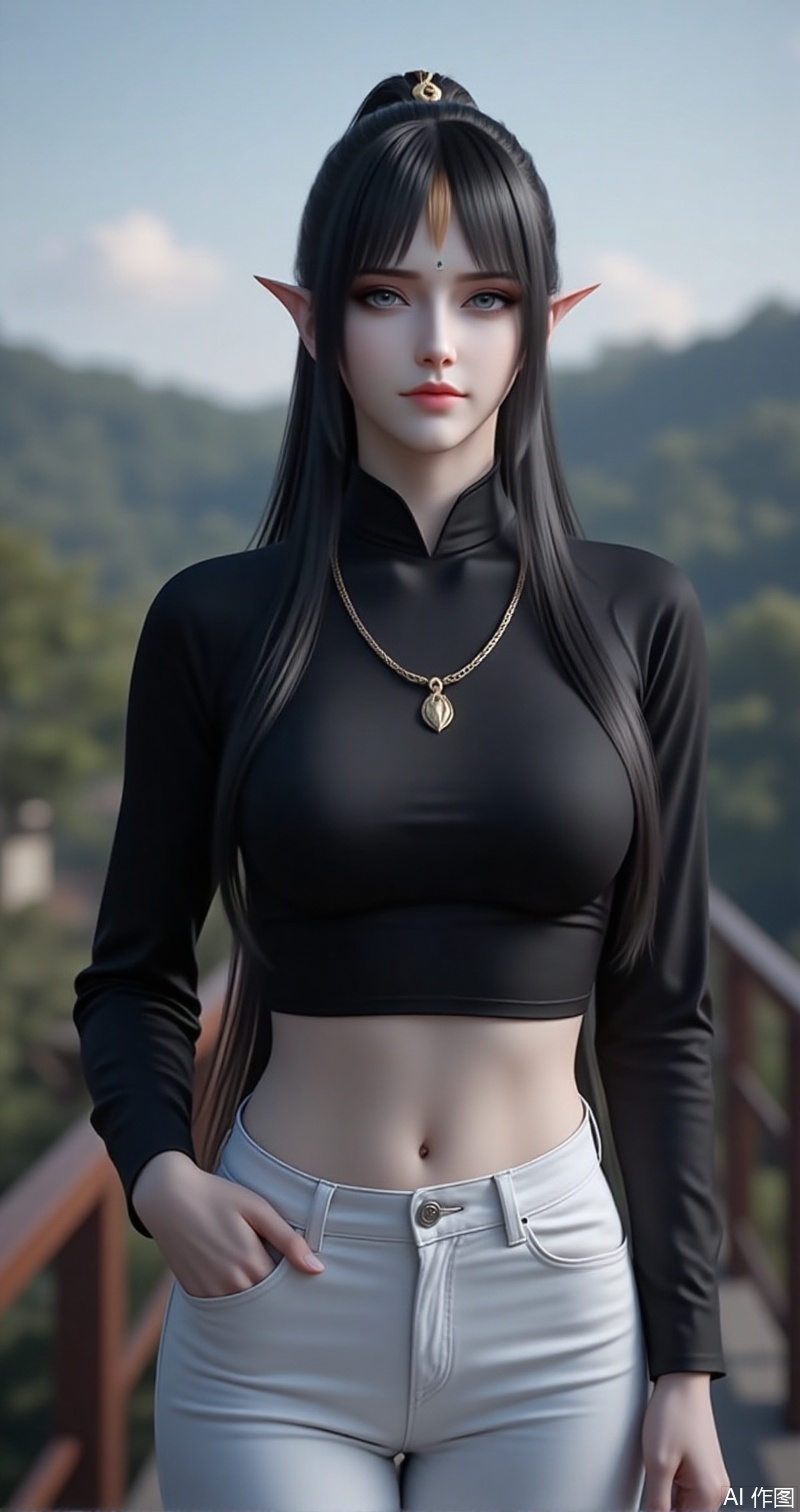 lvjing,baoshi,fengqinger,1girl,solo,pointy ears,black hair,looking at viewer,long hair,grey eyes,closed mouth,blurry,hair ornament,facial mark,forehead mark,makeup,1girl,breasts,navel,solo,pants,midriff,crop top,jewelry,necklace,large breasts,long sleeves,black shirt,white pants,shirt,hand in pocket,taut clothes,taut shirt,turtleneck,blurry background,blurry,outdoors,railing,cowboy shot,standing,stomach,tight clothes,pendant,33, cover,simple background,gradient background,close-up details,outstanding style,adding a touch of dimension to your images without compromising details,close-up,