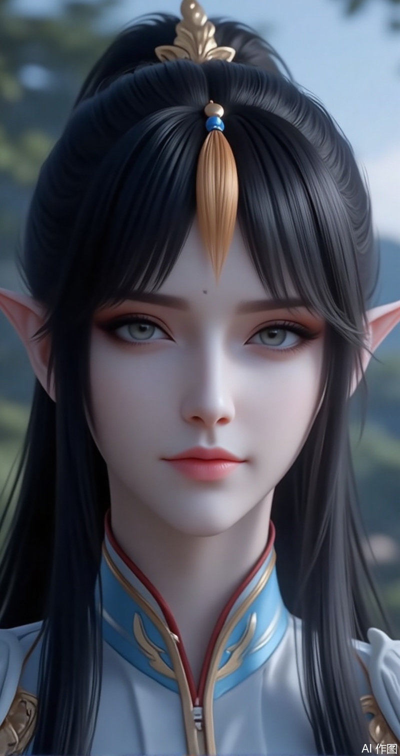 lvjing,baoshi,fengqinger,1girl,solo,pointy ears,black hair,looking at viewer,long hair,grey eyes,closed mouth,blurry,hair ornament,facial mark,forehead mark,makeup,cover,gradient background,close-up details,outstanding style,adding a touch of dimension to your images without compromising details,close-up