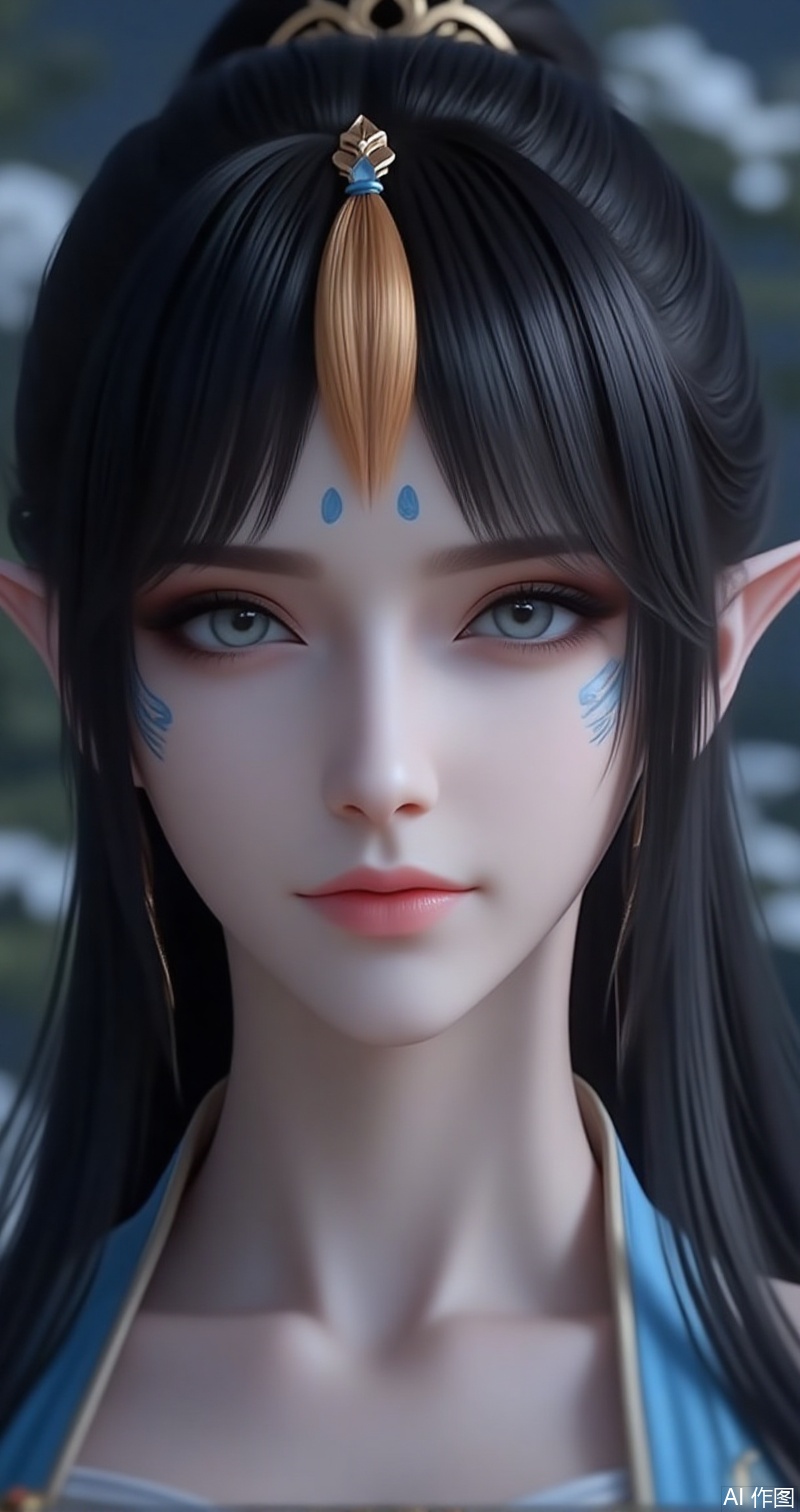 lvjing,baoshi,fengqinger,1girl,solo,pointy ears,black hair,looking at viewer,long hair,grey eyes,closed mouth,blurry,hair ornament,facial mark,forehead mark,makeup,cover,gradient background,close-up details,outstanding style,adding a touch of dimension to your images without compromising details,close-up