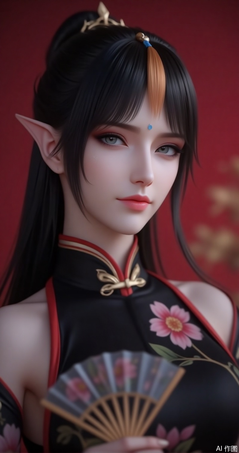 lvjing,baoshi,fengqinger,1girl,solo,pointy ears,black hair,looking at viewer,long hair,grey eyes,closed mouth,blurry,hair ornament,facial mark,forehead mark,makeup,1girl,dress,hand fan,holding,solo,earrings,jewelry,chinese clothes,china dress,black dress,holding fan,floral print,blurry,sleeveless,looking at viewer,sleeveless dress,red background,folding fan,standing,head tilt,2,cover,simple background,gradient background,close-up details,outstanding style,adding a touch of dimension to your images without compromising details,close_up