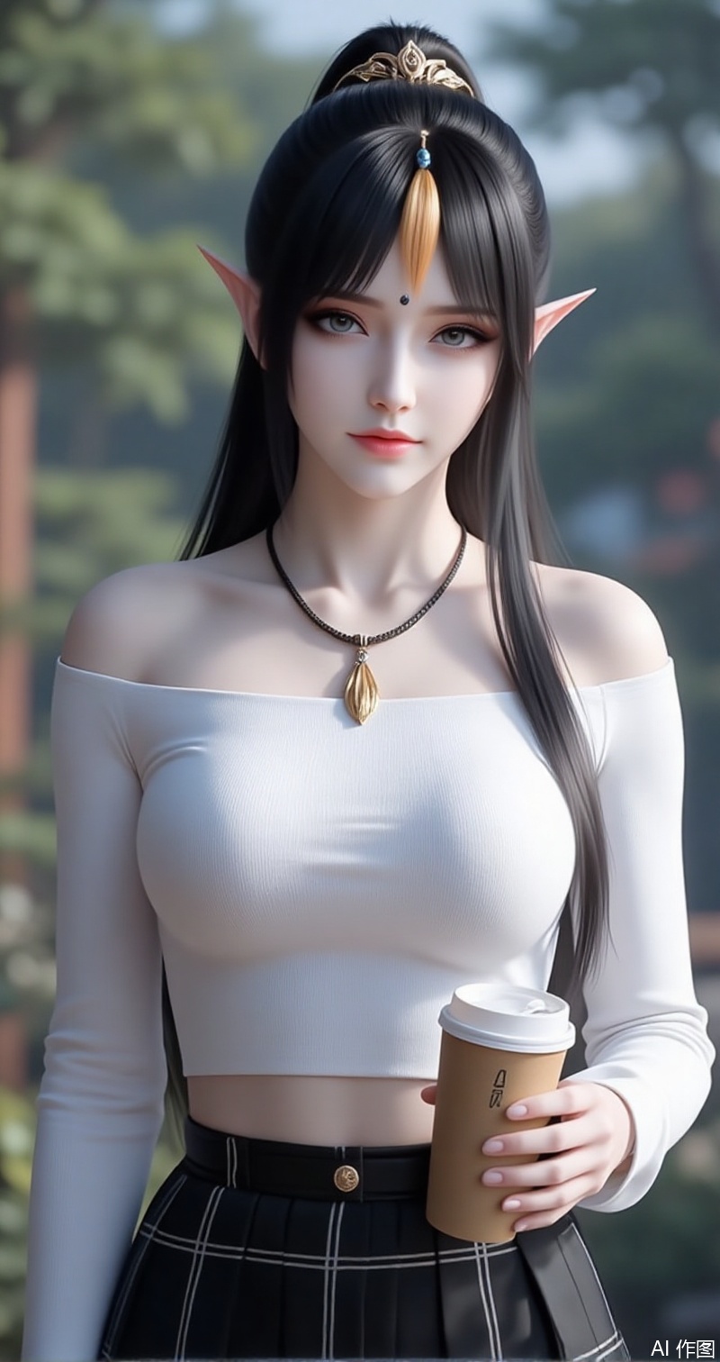 lvjing,baoshi,fengqinger,1girl,solo,pointy ears,black hair,looking at viewer,long hair,grey eyes,closed mouth,blurry,hair ornament,facial mark,forehead mark,makeup,1girl,solo,skirt,off shoulder,off-shoulder sweater,jewelry,white sweater,necklace,cup,bare shoulders,holding,sweater,disposable cup,breasts,black skirt,plaid skirt,collarbone,plaid,blurry background,crop top,holding cup,blurry,midriff,long sleeves,large breasts,63, cover,simple background,gradient background,close-up details,outstanding style,adding a touch of dimension to your images without compromising details,close-up
