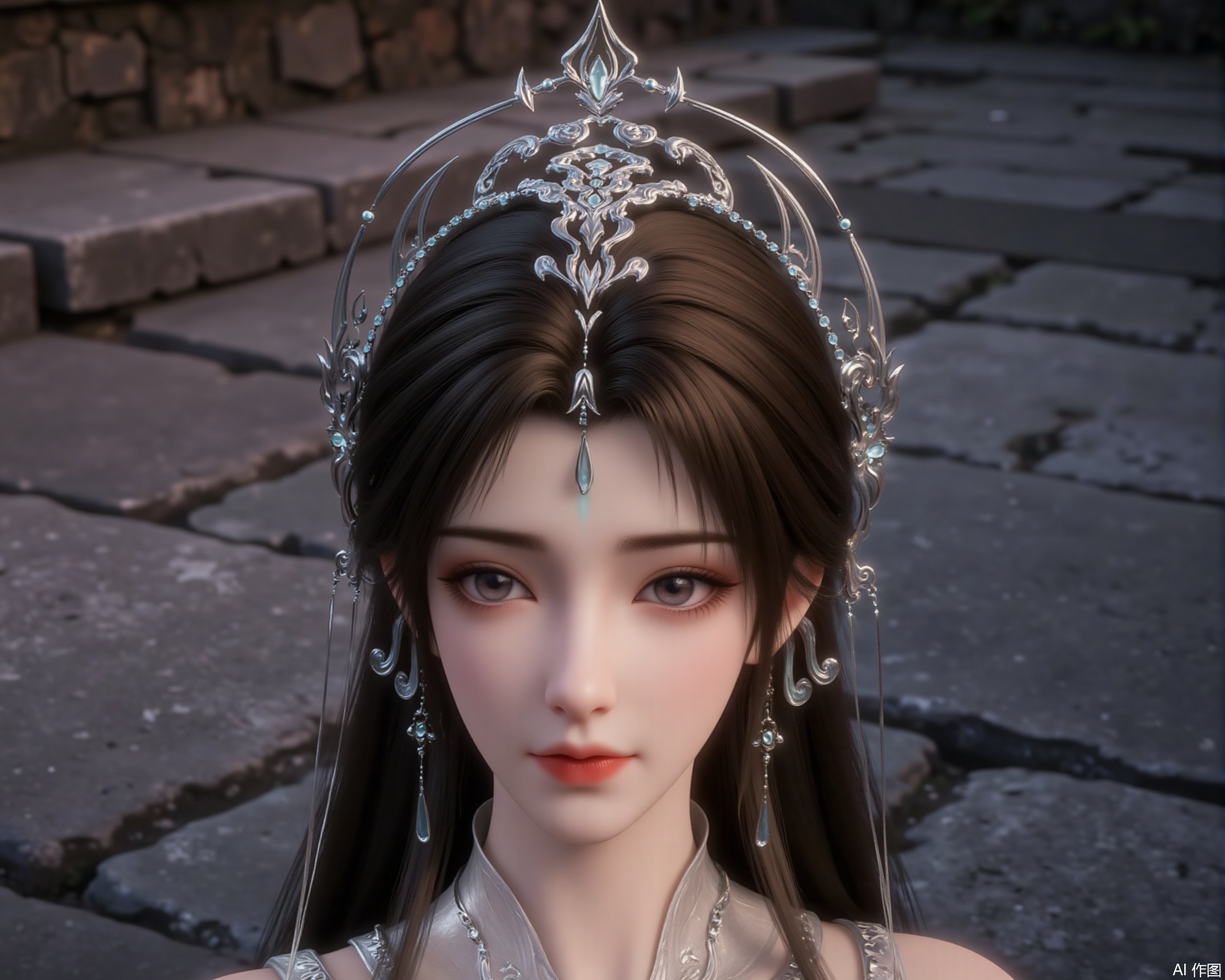 The image depicts a close-up of a character wearing an elaborate, ornate headpiece adorned with intricate silver designs and turquoise gemstones. The character has long, dark hair and is dressed in traditional attire that appears to be light-colored, possibly white or cream. The background consists of a stone or concrete surface, suggesting an outdoor or ancient setting. The overall aesthetic is highly detailed and stylized, typical of digital art or animation.