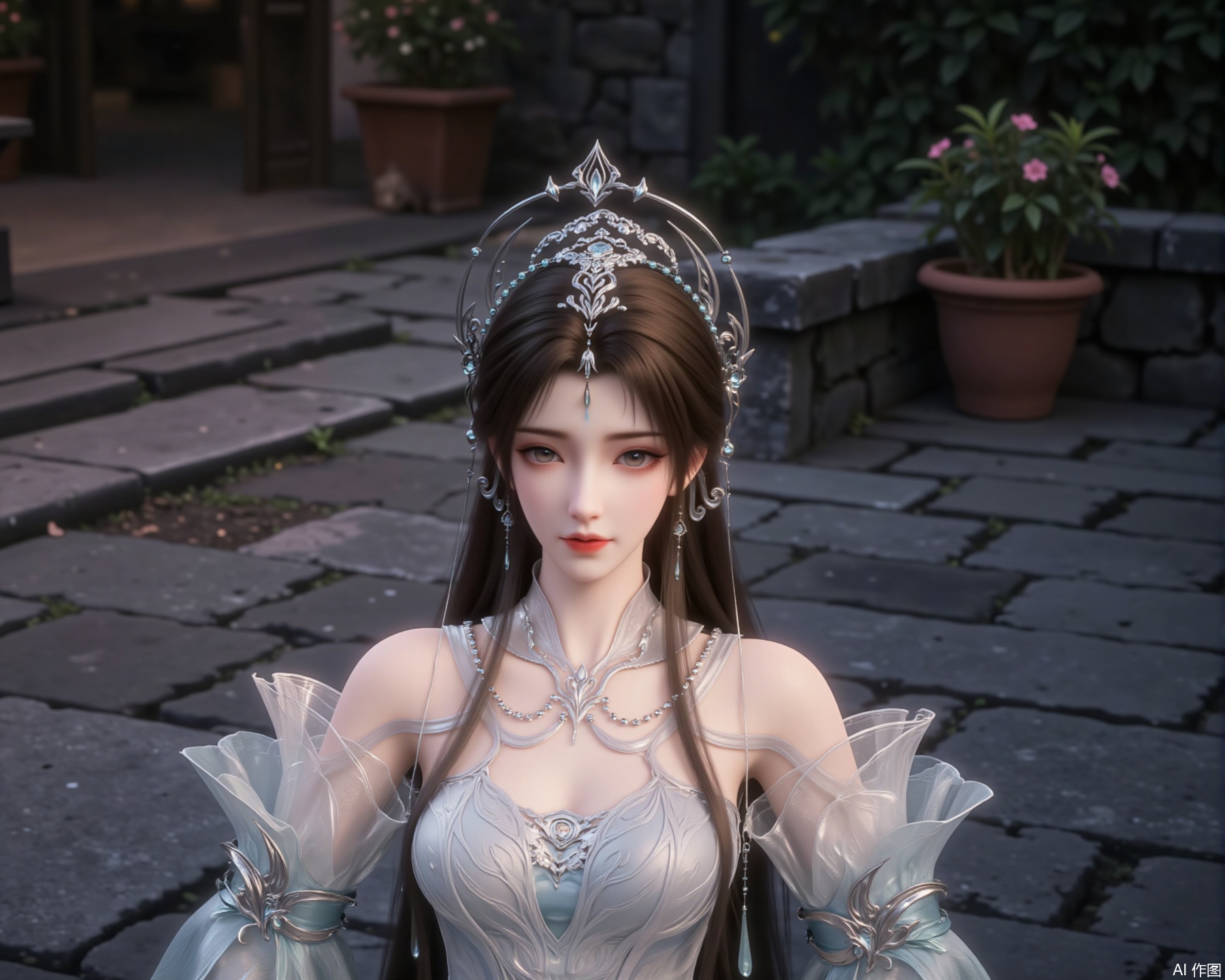 The image depicts a beautifully designed character with intricate details. The character is wearing an elegant, white gown adorned with silver and blue accents, including a detailed headpiece and ornate jewelry. The gown features delicate, translucent fabric with floral patterns, and the character has long, flowing hair. The background consists of stone steps and a potted plant, suggesting an outdoor or garden setting. The overall aesthetic is ethereal and fantasy-inspired, with a focus on the character's regal and graceful appearance.