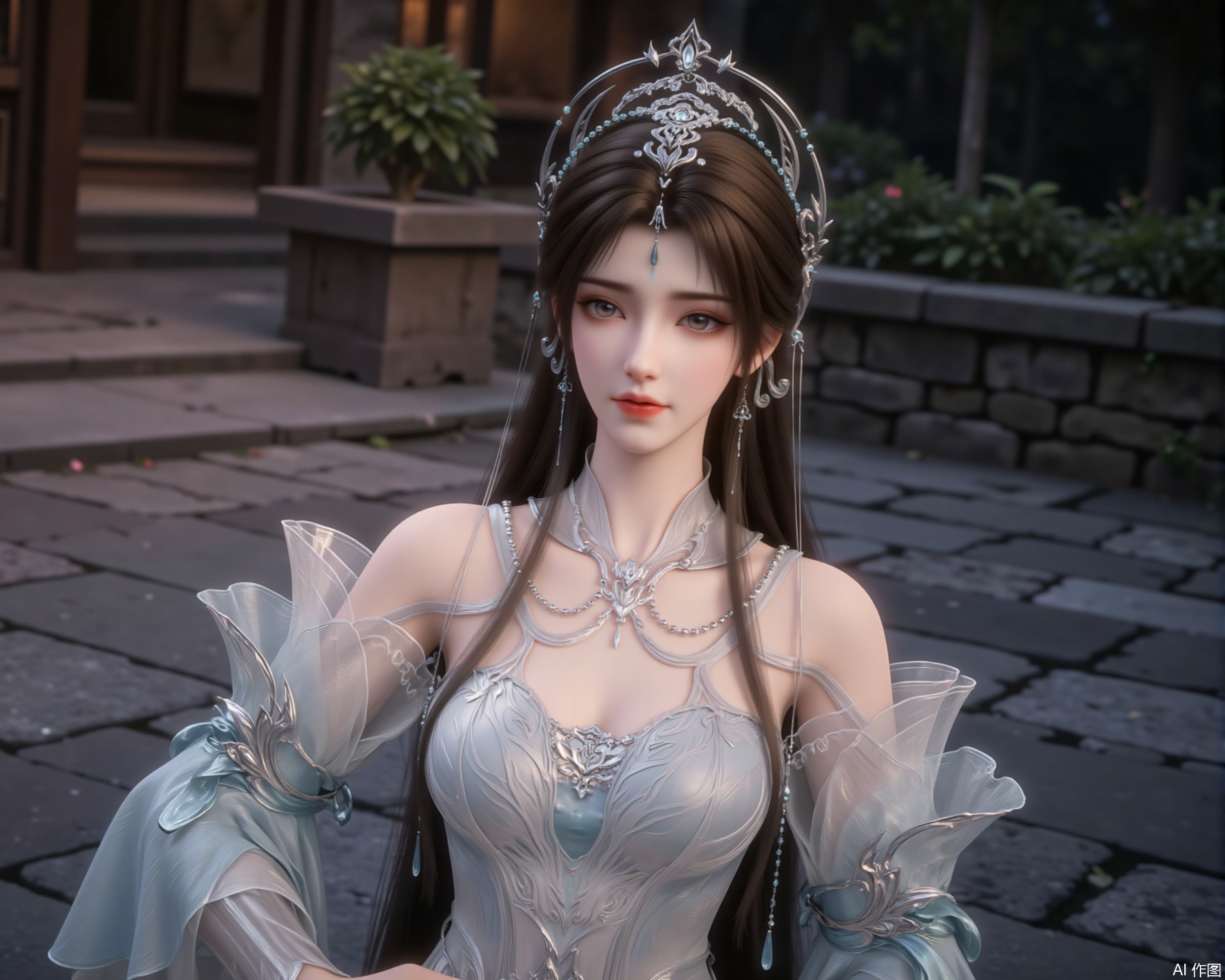 The image depicts a beautifully designed character with intricate details. The character is wearing an elegant, white gown adorned with silver and blue accents, including a detailed headpiece and ornate jewelry. The gown features delicate, translucent fabric with floral patterns, and the character has long, flowing hair. The background consists of stone steps and a potted plant, suggesting an outdoor or garden setting. The overall aesthetic is ethereal and fantasy-inspired, with a focus on the character's regal and graceful appearance.
