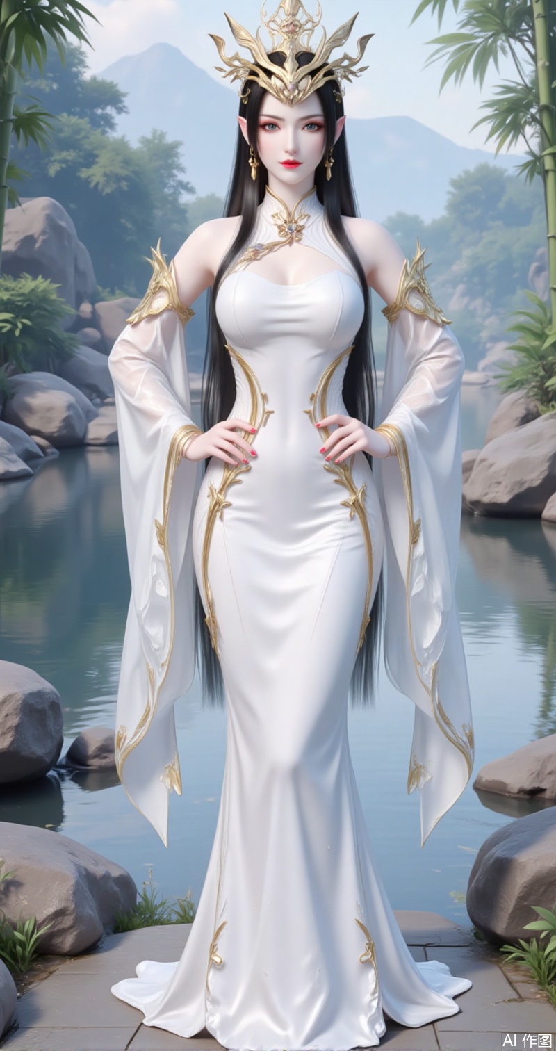 lvjing,baoshi,meidusha,long hair,pointy ears,jewelry,earrings,black hair,red lips,crown,xuanyi,1girl,dress,solo,white dress,detached sleeves,water,chinese clothes,full body,bare shoulders,bracelet,rock,hand on own hip,jewelry,breasts,standing,bamboo,china dress,1,cover,gradient background,close-up details,outstanding style,adding a touch of dimension to your images without compromising details,close-up