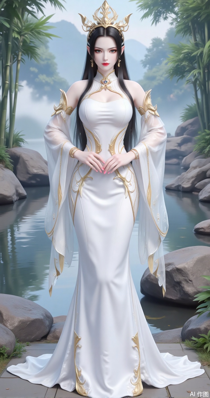 lvjing,baoshi,meidusha,long hair,pointy ears,jewelry,earrings,black hair,red lips,crown,xuanyi,1girl,dress,solo,white dress,detached sleeves,water,chinese clothes,full body,bare shoulders,bracelet,rock,hand on own hip,jewelry,breasts,standing,bamboo,china dress,1,cover,gradient background,close-up details,outstanding style,adding a touch of dimension to your images without compromising details,close-up