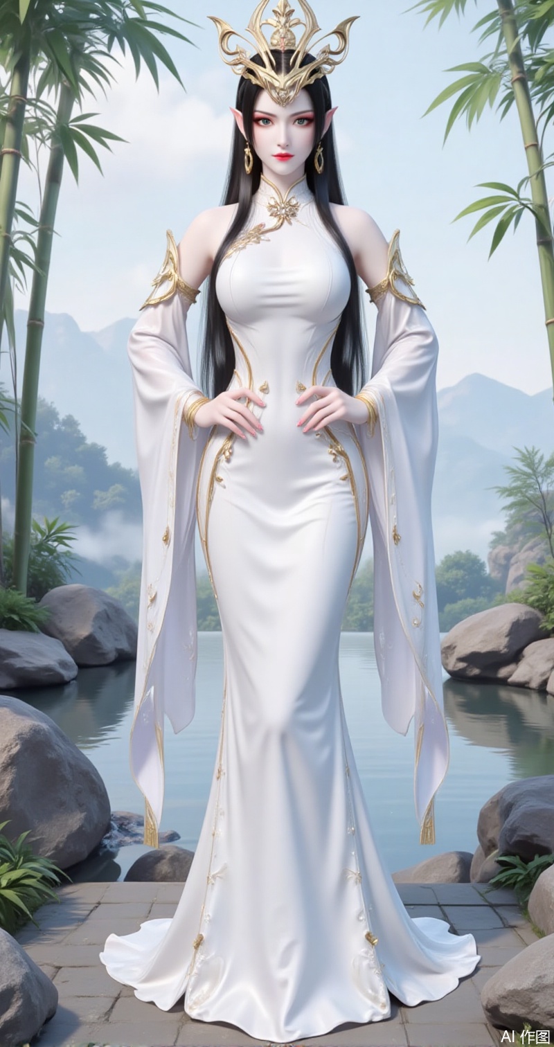 lvjing,baoshi,meidusha,long hair,pointy ears,jewelry,earrings,black hair,red lips,crown,xuanyi,1girl,dress,solo,white dress,detached sleeves,water,chinese clothes,full body,bare shoulders,bracelet,rock,hand on own hip,jewelry,breasts,standing,bamboo,china dress,1,cover,gradient background,close-up details,outstanding style,adding a touch of dimension to your images without compromising details,close-up