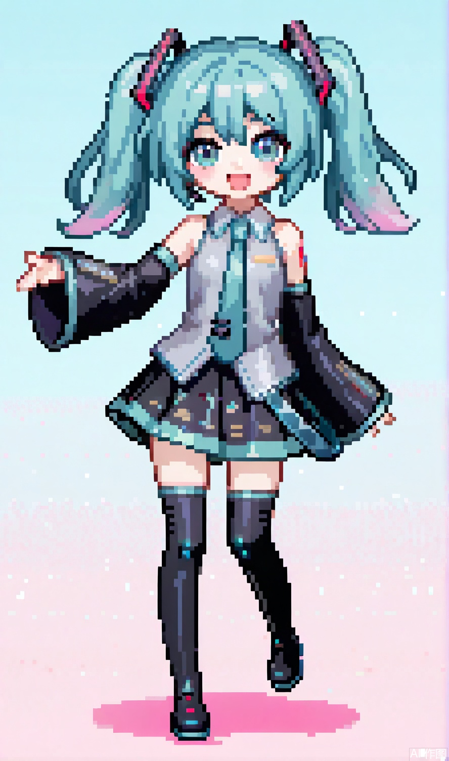 Chibi Hatsune Miku, cute anime style, big expressive eyes, smiling face, twin turquoise pigtails, oversized sleeves, vibrant colors, playful pose, kawaii aesthetic, soft shading, pastel background, digital art, highly detailed, 4K resolution