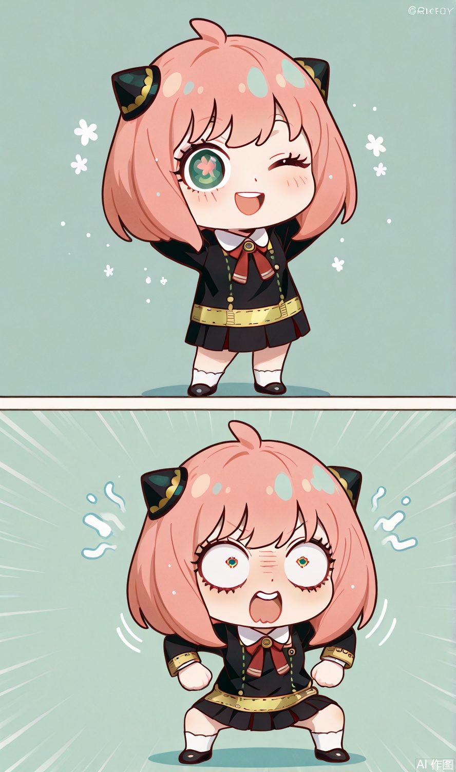 Chibi funny character,huge expressive eyes,messy short hair,Spy x Family style,wearing a school uniform,exaggerated wink pose,arms behind head,comic shading,pastel palette,simple background  