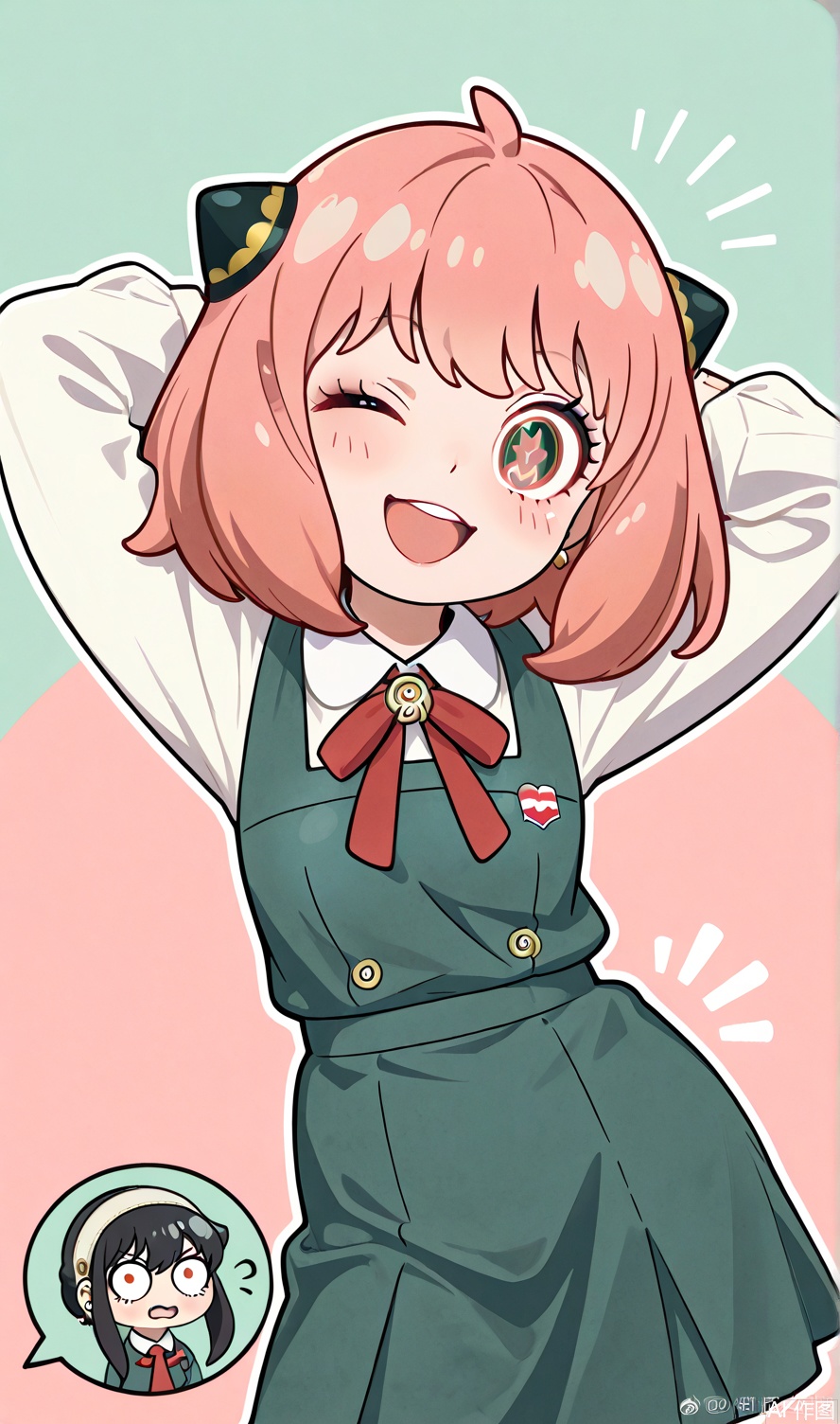 Chibi funny character,huge expressive eyes,messy short hair,Spy x Family style,wearing a school uniform,exaggerated wink pose,arms behind head,comic shading,pastel palette,simple background  