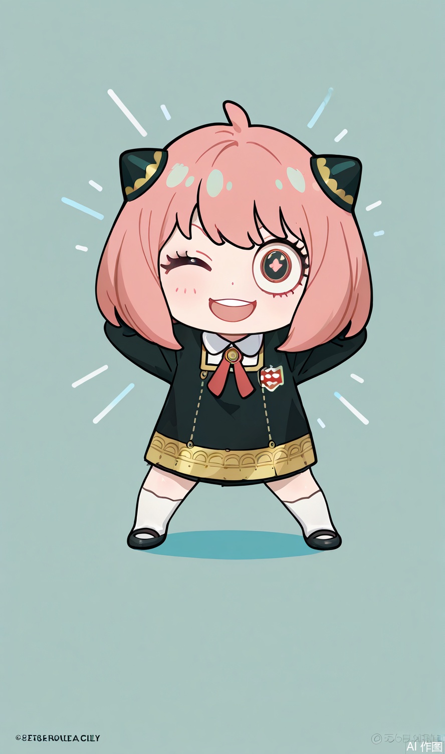 Chibi funny character,huge expressive eyes,messy short hair,Spy x Family style,wearing a school uniform,exaggerated wink pose,arms behind head,comic shading,pastel palette,simple background  