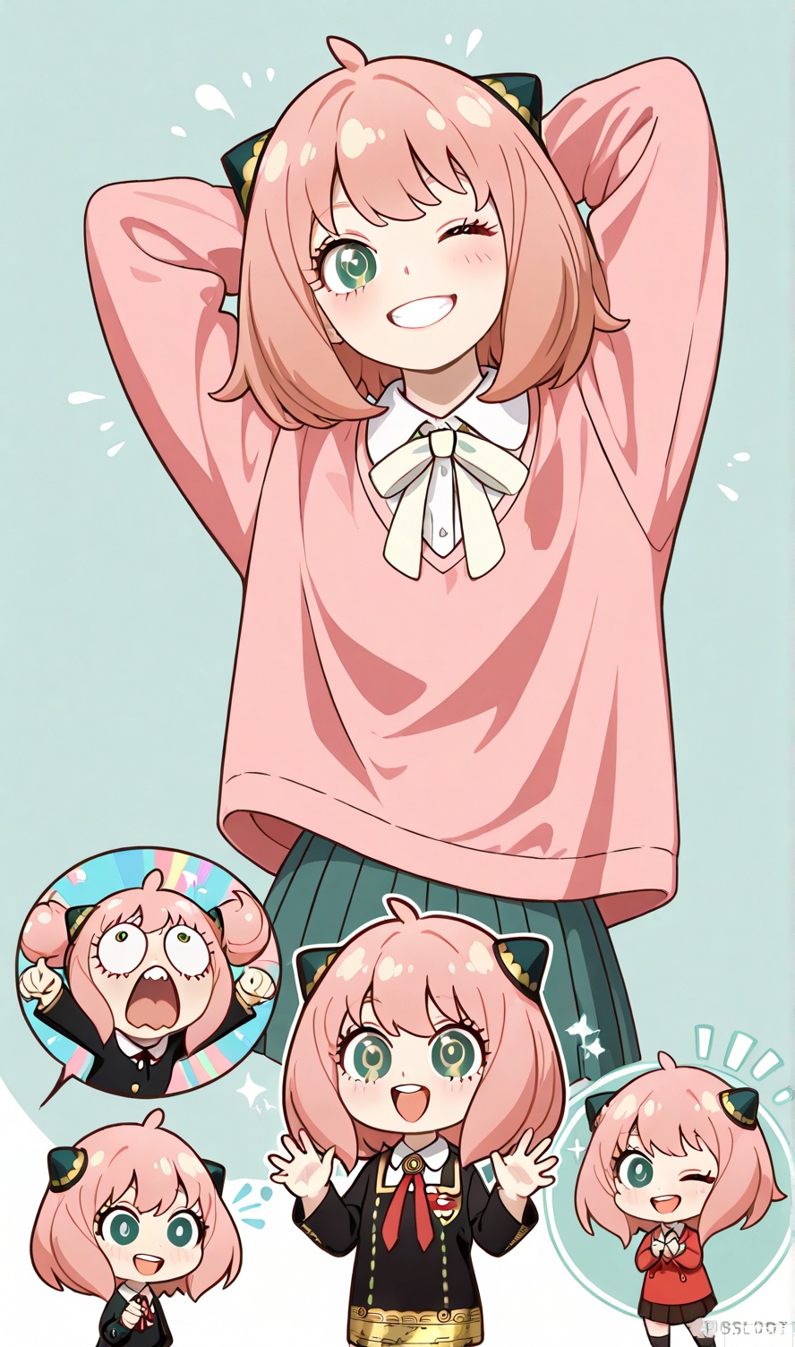 Chibi funny character,huge expressive eyes,messy short hair,Spy x Family style,wearing a school uniform,exaggerated wink pose,arms behind head,comic shading,pastel palette,simple background  