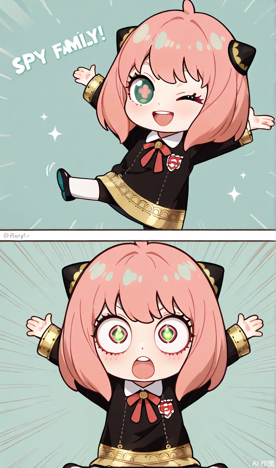 Chibi funny character,huge expressive eyes,messy short hair,Spy x Family style,wearing a school uniform,exaggerated wink pose,arms behind head,comic shading,pastel palette,simple background  