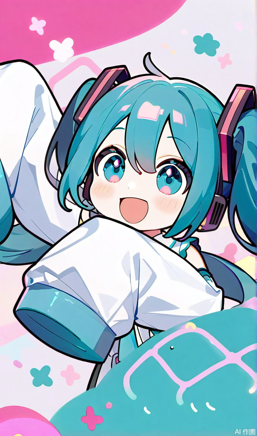 Chibi Hatsune Miku, cute anime style, big expressive eyes, smiling face, twin turquoise pigtails, oversized sleeves, vibrant colors, playful pose, kawaii aesthetic, soft shading, pastel background, digital art, highly detailed, 4K resolution