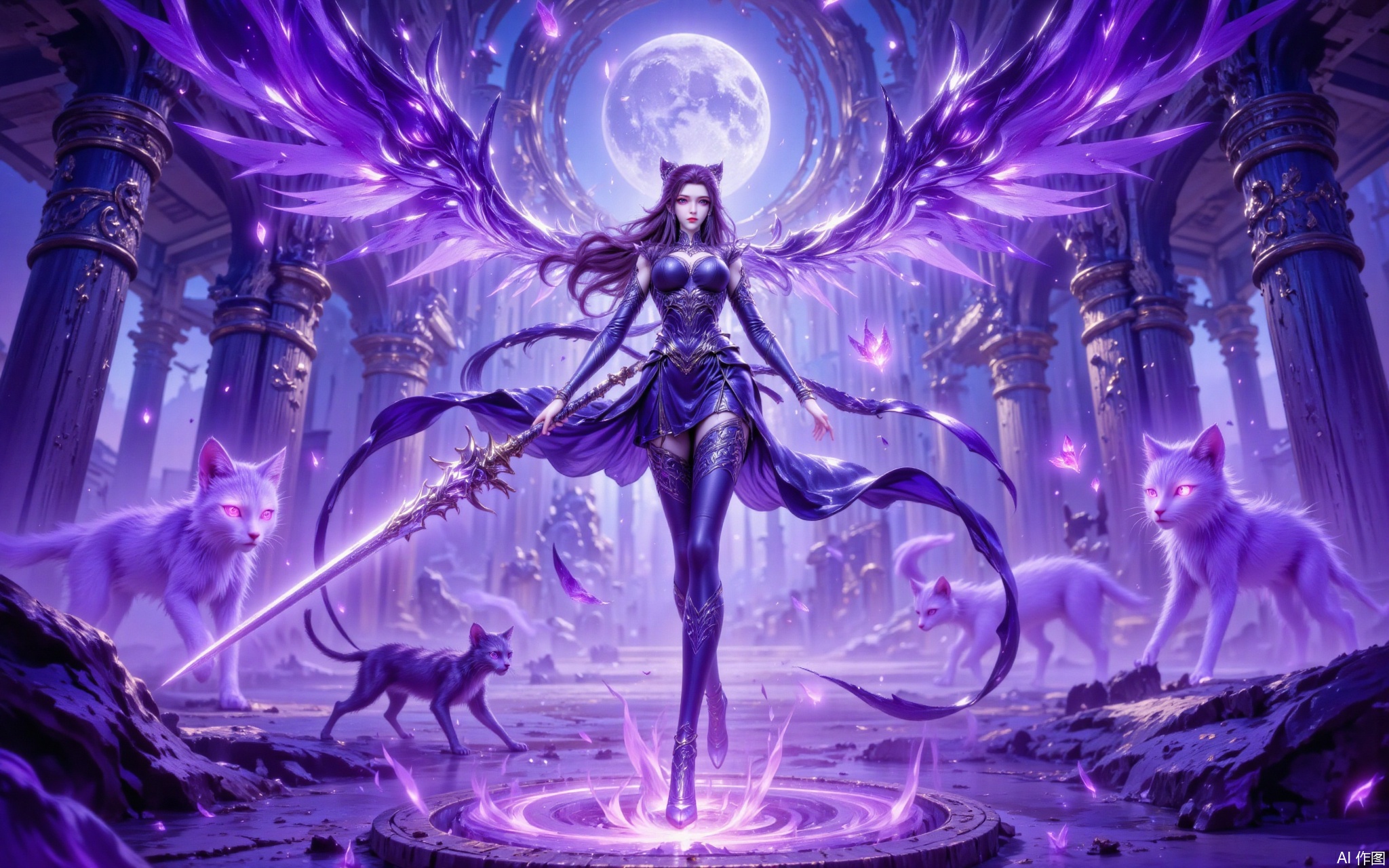1 girl, solo, deep purple amethyst armor covered with streamlined divine bodies, the pupils contain star tracks, the night wings of the underworld behind spread out, holding the Double Moon Sword, stepping on the purple divine ring that travels through time and space under her feet, floating in the broken temple of the Underworld, ghost cats appear near the broken stone pillars, and star dust floats in the air, accompanied by dark and fantastic light and shadow special effects.