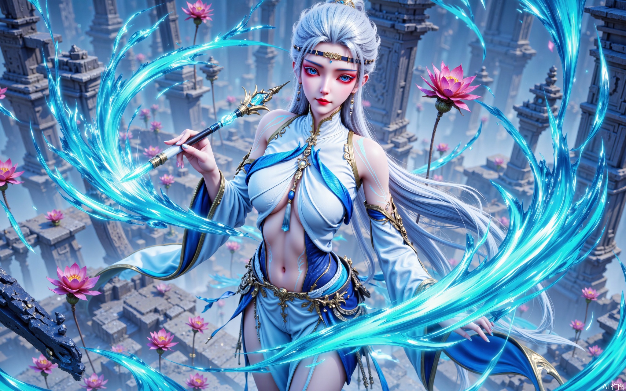 1 girl, solo, long white hair, high ponytail, forehead decoration, earrings, "Cangyuantu" Zhihua's basic posture, white and blue gradient color exquisite clothing, golden border, clothes cutting, exposed shoulders, exposed navel, dark gold runes flowing in the eyes, shiny blue fluorescent eyebrows and eyelashes, holding a brush in the right hand to draw a blue magic pattern in the space, energy ripples like ink marks erode the space, the background presents the style of ink painting, the blood-colored flowers on the other side of the girl's feet spread into a sea of ​​flowers, energy crystal cores floating in the ruins battlefield, cold flames and ink mist interweave to form a dynamic erosion special effect, and the dark aesthetics of the Chinese style. Low angle shot, blurred background, dynamic pose.