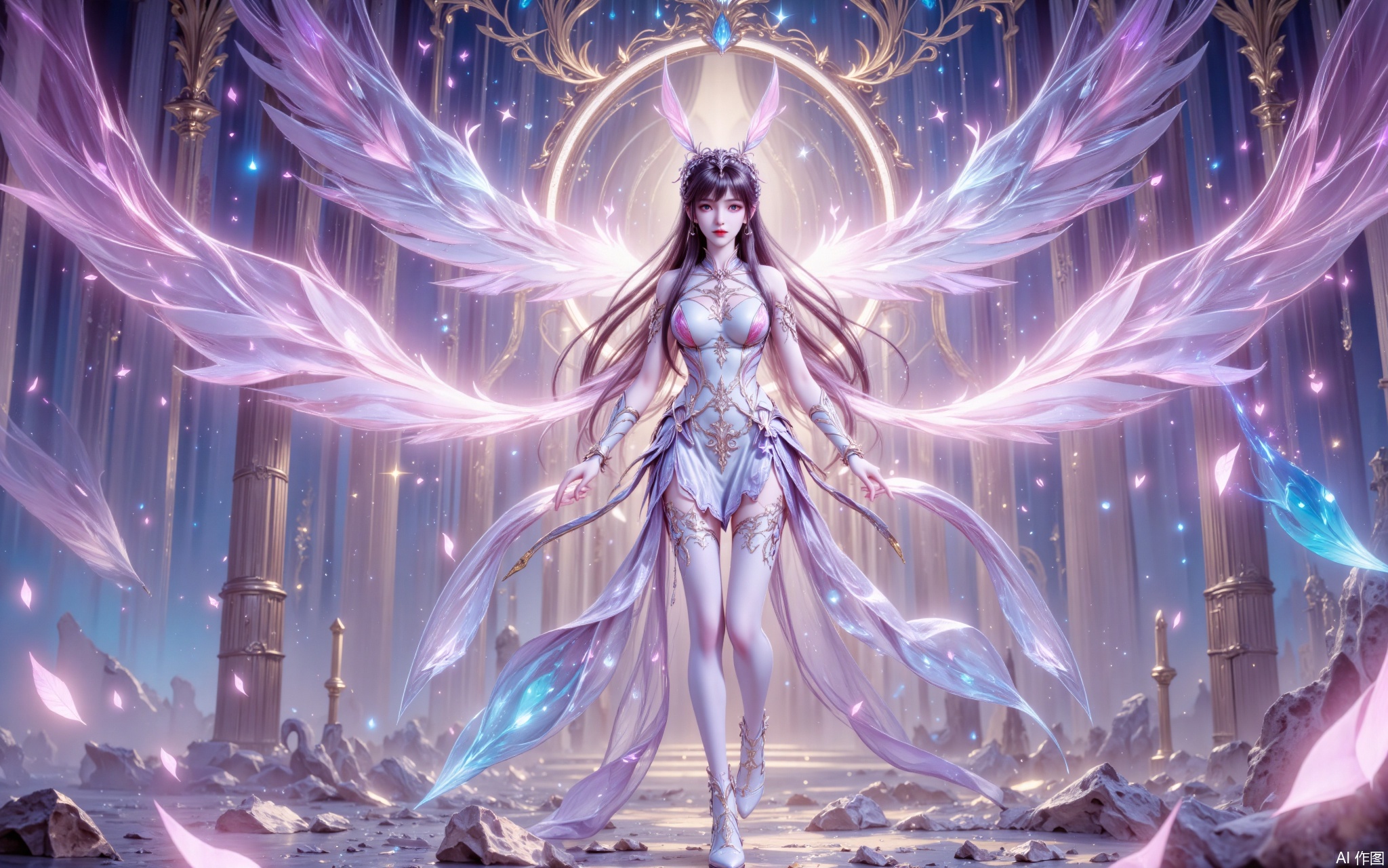 1 girl, solo, long black hair, bangs, Douluo Continent god Xiaowu, silver-pink streaming Hanfu embellished crystal garland, nine scorpion tail braids wrapped around star and moon hair accessories, legs gradually changed divine light stockings, red gold eyes contain divine thoughts fluctuations, colorful divine ring magic array is unfolded under the feet, and a phantom of the twelve wings of pink rabbit energy appears behind it. She was suspended in the ruins of the broken divine realm, with vortexes of stars all over the sky, crystal fragments floating in the broken divine palace, colorful aurora penetrated the barrier of the divine realm, and the divine level pressure formed space twisted ripples, anime fantasy texture, and the supreme divine light special effects. Shooting at low angle, shooting from below, bottom view, very low angle.