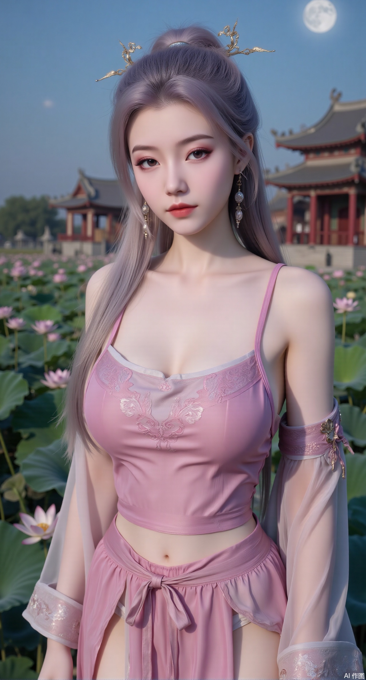sfw,(masterpiece, best quality:1.2),1girl, navel, solo, midriff, bare shoulders, hair ornament,(long hair),(High double ponytail:1.49), red lips,
BREAK, (looking at viewer:1.39), chinese clothes,(Holographic pink|green dress:1.36), (lace:1.38),
BREAK,blurry, solo focus, long hair, lips, daytime, lipstick, outdoors, standing,upper body,(huge breasts:2.99), (full breasts:2.99),background, solo, makeup,Xyunxiao,(Lotus,Water Lily,Blue sky,full moon:1.39),(Lotus pond,ancient Chinese architecture:1.39)