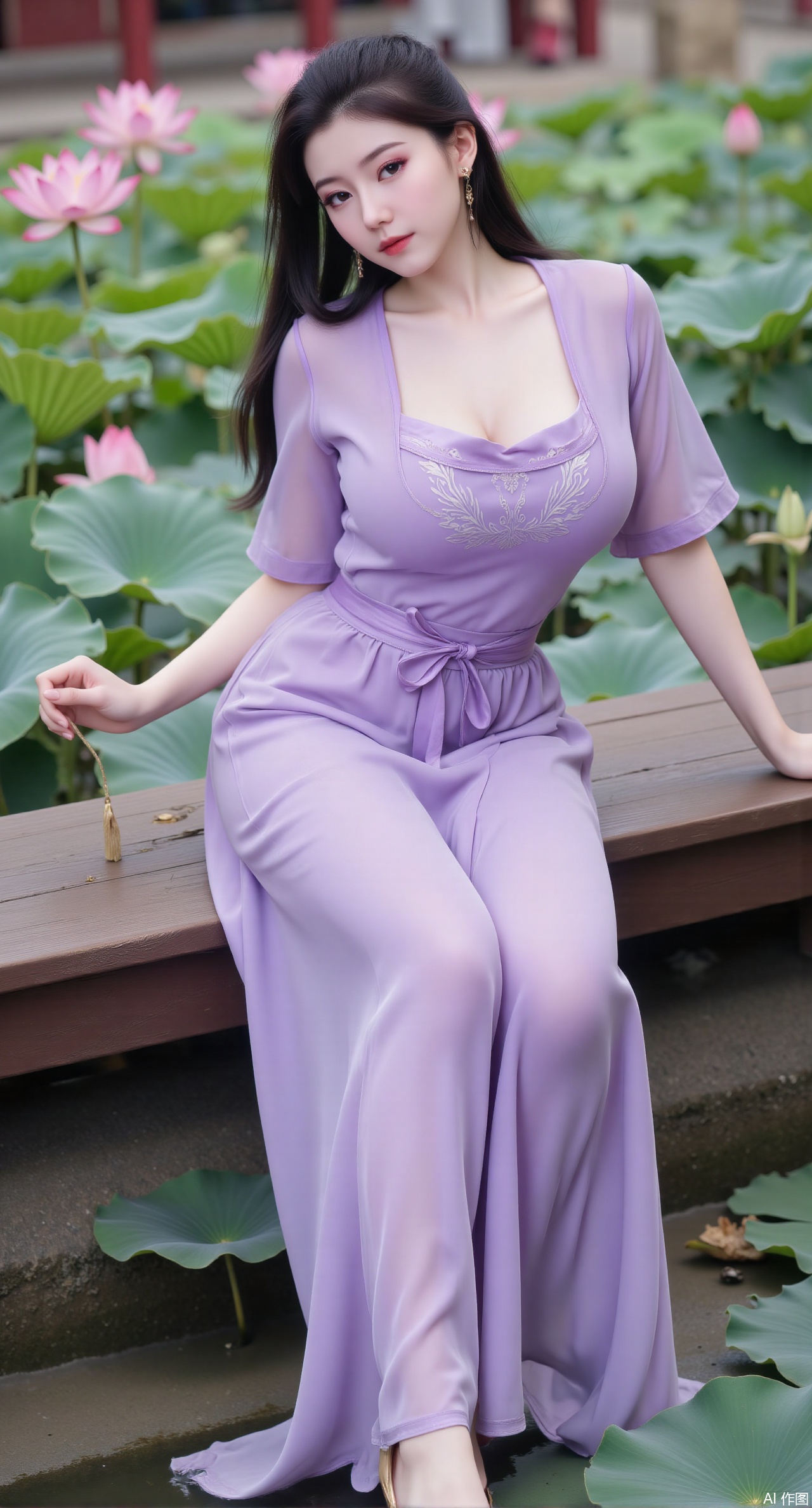 (masterpiece:1.2),best quality,The image is a digital illustration of a young woman sitting on a wooden bench in a pond with lily pads. She is wearing a light purple long dress with design on the chest and sleeves. The dress has a high neckline and short sleeves,Holding a lotus in hand. She has long dark hair styled in loose waves and is wearing gold high heels. The woman is posing with one hand on her hip and the other resting on the edge of the bench. The background is filled with pink and white lotus flowers and green leaves. The overall mood of the image is peaceful and serene,(huge breasts:2.99),(full breasts:2.99),(Background with traditional Chinese architecture, lotus pond and pink lotus flowers:1.39),XliumeiYK,XlishaoyingXK,XyunxiaoYK,XxiaobaiYK
