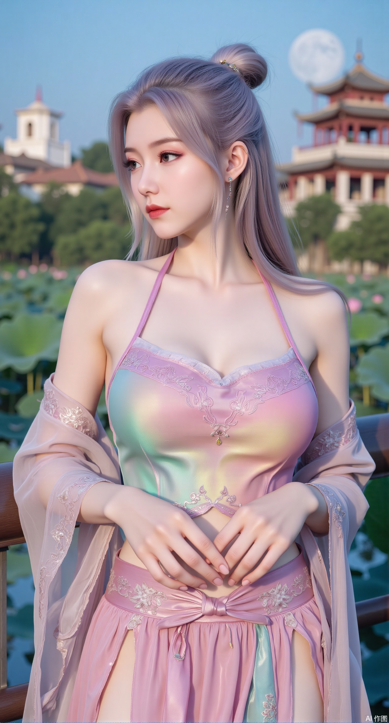 (masterpiece, best quality:1.2),1girl, navel, solo, midriff, bare shoulders, hair ornament,(long hair),(High double ponytail:1.49), red lips,
BREAK, (looking at viewer:1.39), chinese clothes,(Holographic pink|green dress:1.36), (lace,Rainbow Gradient Color:1.28),
BREAK,blurry, solo focus, long hair, lips, daytime, lipstick, outdoors, standing,upper body,(huge breasts:2.52), background, solo, makeup,Xyunxiao,(Lotus,Water Lily,Blue sky,full moon:1.39),(Lotus pond,ancient Chinese architecture:1.39)