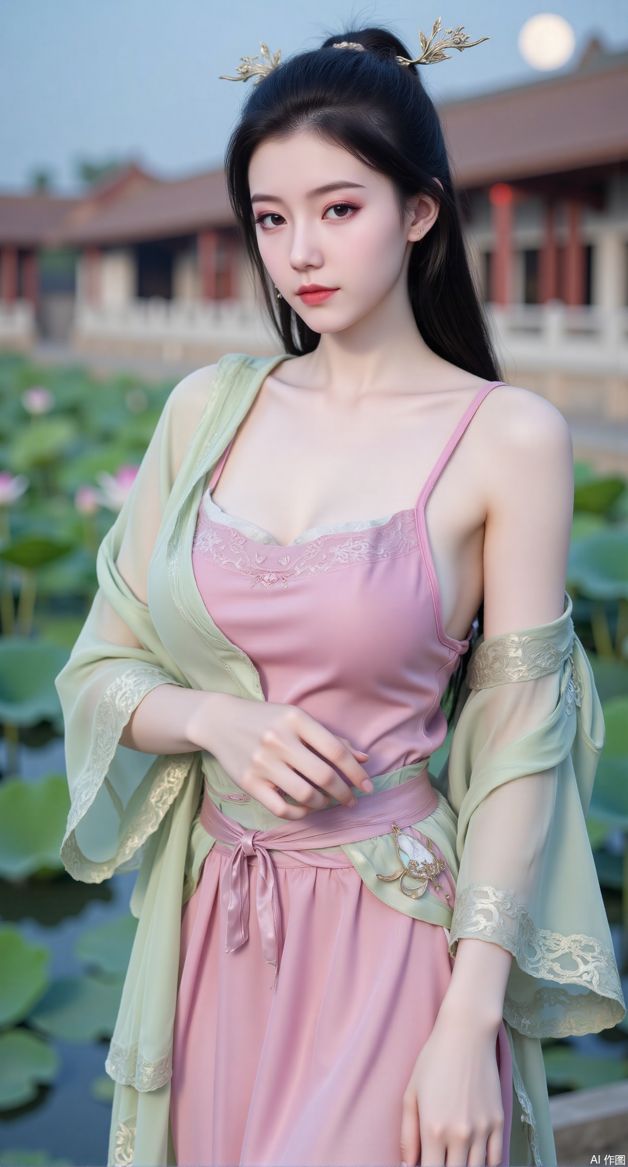 safe,(masterpiece, best quality:1.2),1girl, navel, solo, midriff, bare shoulders, hair ornament,(long hair),(High double ponytail:1.49), red lips,
BREAK, (looking at viewer:1.39), chinese clothes,(Holographic pink|green dress:1.36), (lace:1.38),
BREAK,blurry, solo focus, long hair, lips, daytime, lipstick, outdoors, standing,upper body,(huge breasts:2.99), (full breasts:2.99),background, solo, makeup,Xyunxiao,(Lotus,Water Lily,Blue sky,full moon:1.39),(Lotus pond,ancient Chinese architecture:1.39)
