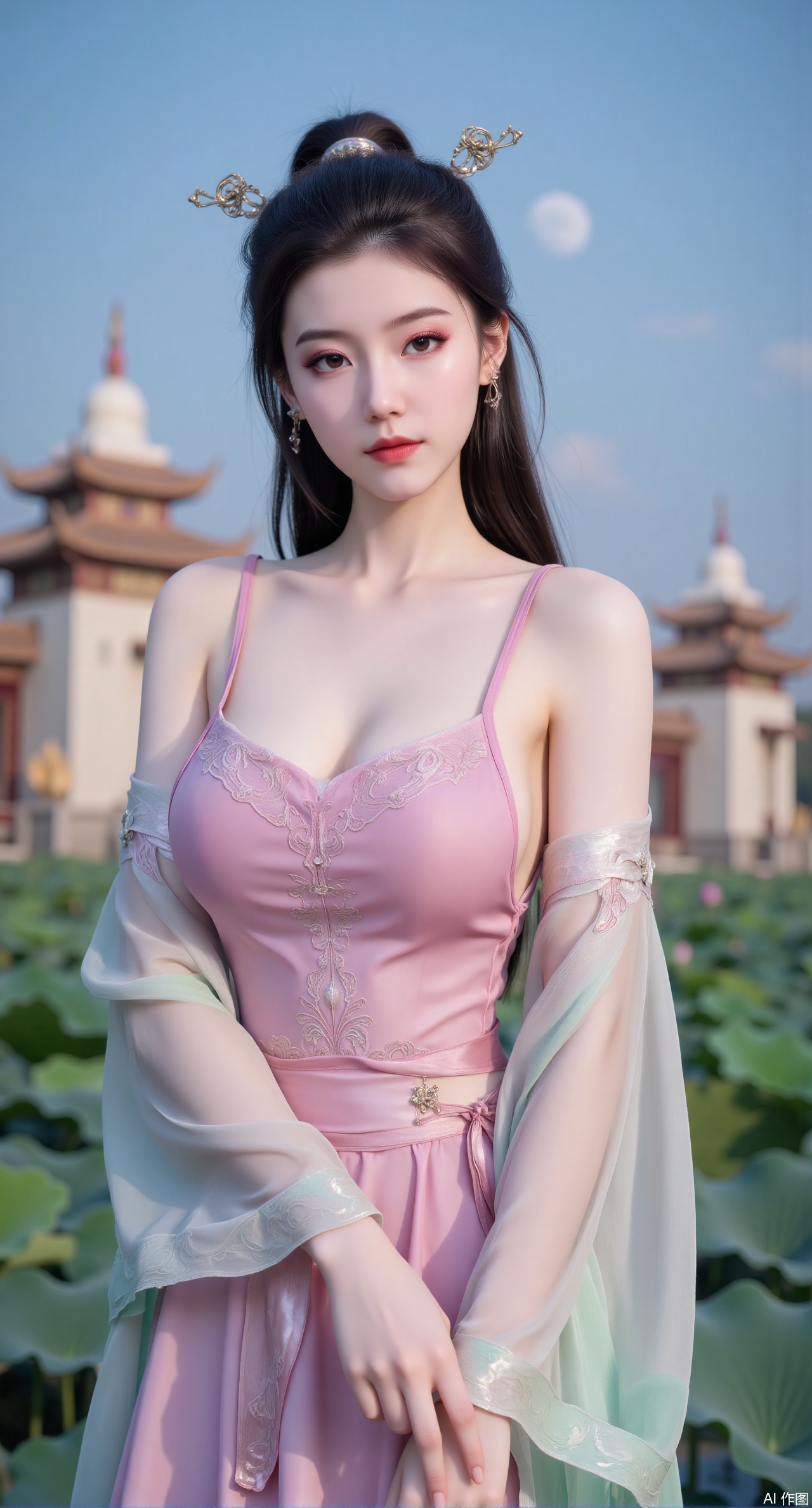 safe,(masterpiece, best quality:1.2),1girl, navel, solo, midriff, bare shoulders, hair ornament,(long hair),(High double ponytail:1.49), red lips,
BREAK, (looking at viewer:1.39), chinese clothes,(Holographic pink|green dress:1.36), (lace:1.28),
BREAK,blurry, solo focus, long hair, lips, daytime, lipstick, outdoors, standing,upper body,(huge breasts:2.99), (full breasts:2.99),background, solo, makeup,Xyunxiao,(Lotus,Water Lily,Blue sky,full moon:1.39),(Lotus pond,ancient Chinese architecture:1.39)