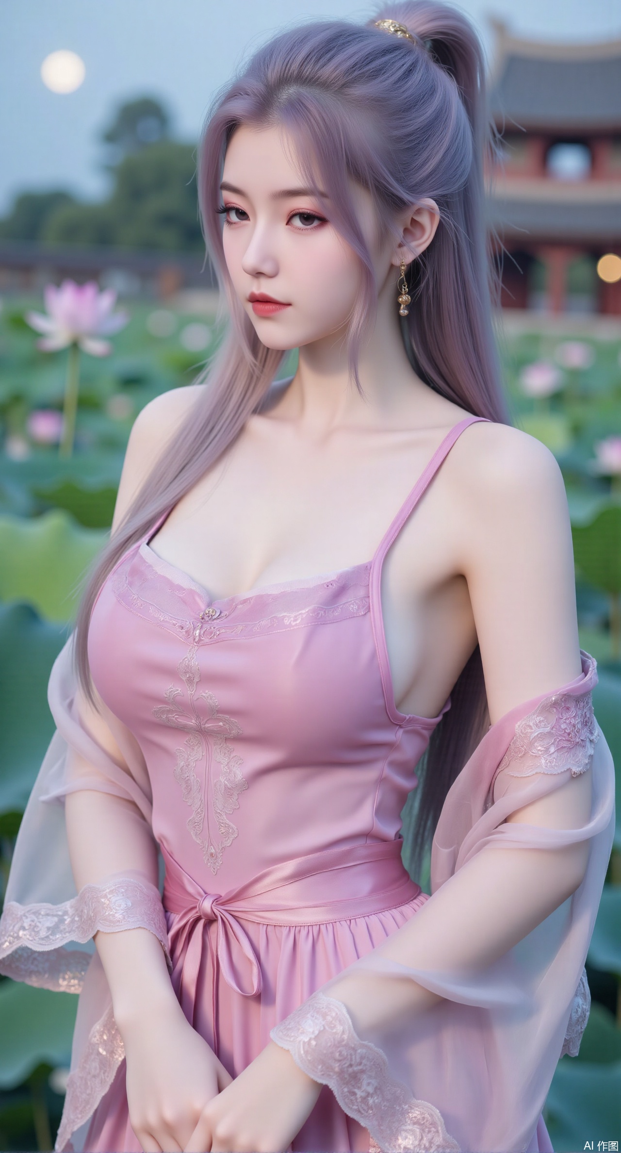 sfw,(masterpiece, best quality:1.2),1girl, navel, solo, midriff, bare shoulders, hair ornament,(long hair),(High double ponytail:1.49), red lips,
BREAK, (looking at viewer:1.39), chinese clothes,(Holographic pink|green dress:1.36), (lace long dress:1.38),
BREAK,blurry, solo focus, long hair, lips, daytime, lipstick, outdoors, standing,upper body,(huge breasts:2.99), (full breasts:2.99),background, solo, makeup,Xyunxiao,(Lotus,Water Lily,Blue sky,full moon:1.39),(Lotus pond,ancient Chinese architecture:1.39)